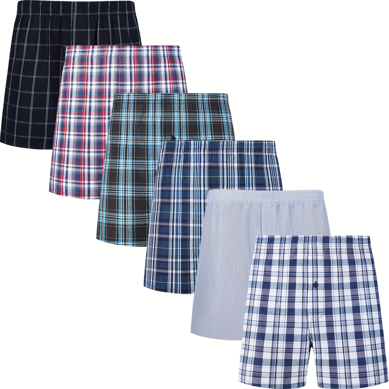 

6 Pcs Plus Size Men's Trendy Classic Plaid Boxer Shorts, Casual Comfy Shorts Arrow Pants Loose-fit Shorts