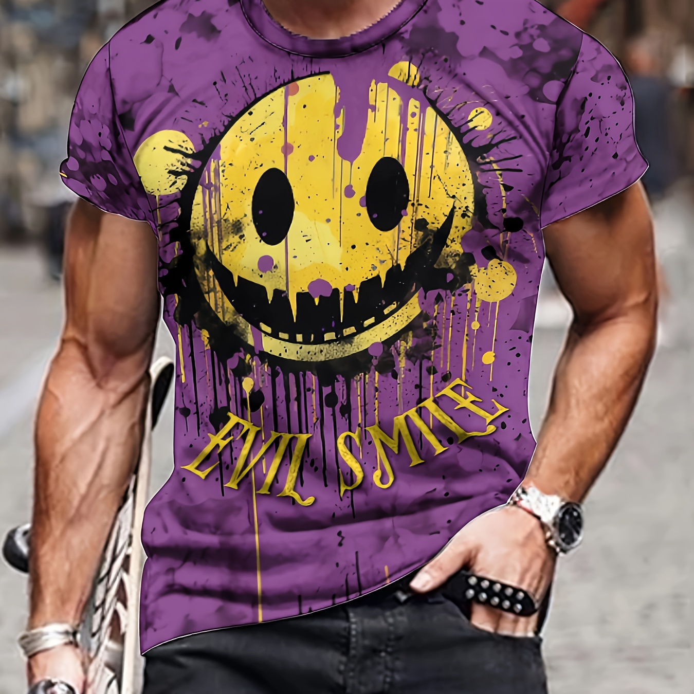 

Men's 3d Graffiti Smile Graphic T-shirt, Casual Slightly Stretch Breathable Tee For Outdoor