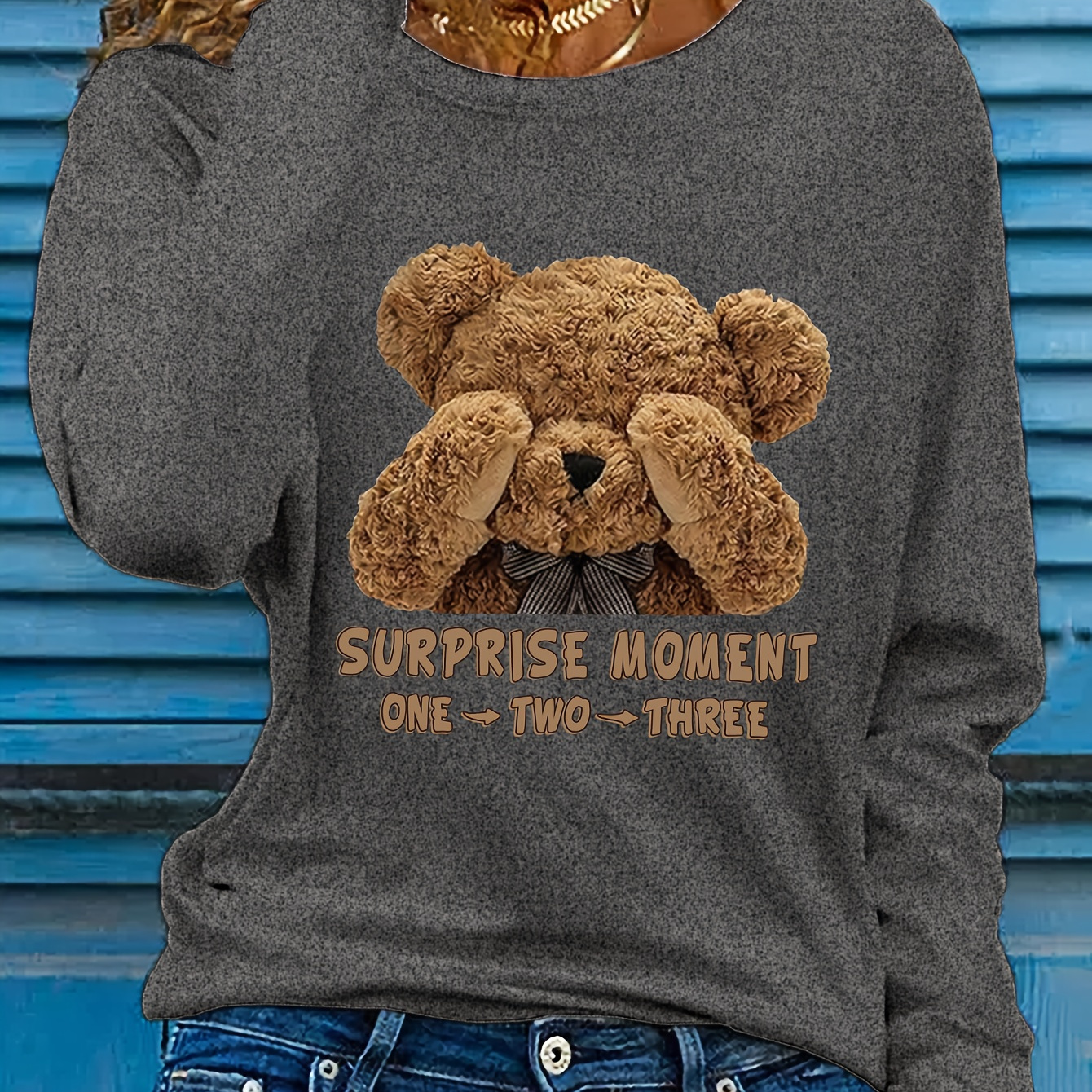 

T-Shirt à Manches Longues et Col Rond pour Femme avec d' en Peluche - Haut en Polyester Décontracté pour Printemps & Automne avec Imprimé " de Surprise", Léger & Confortable