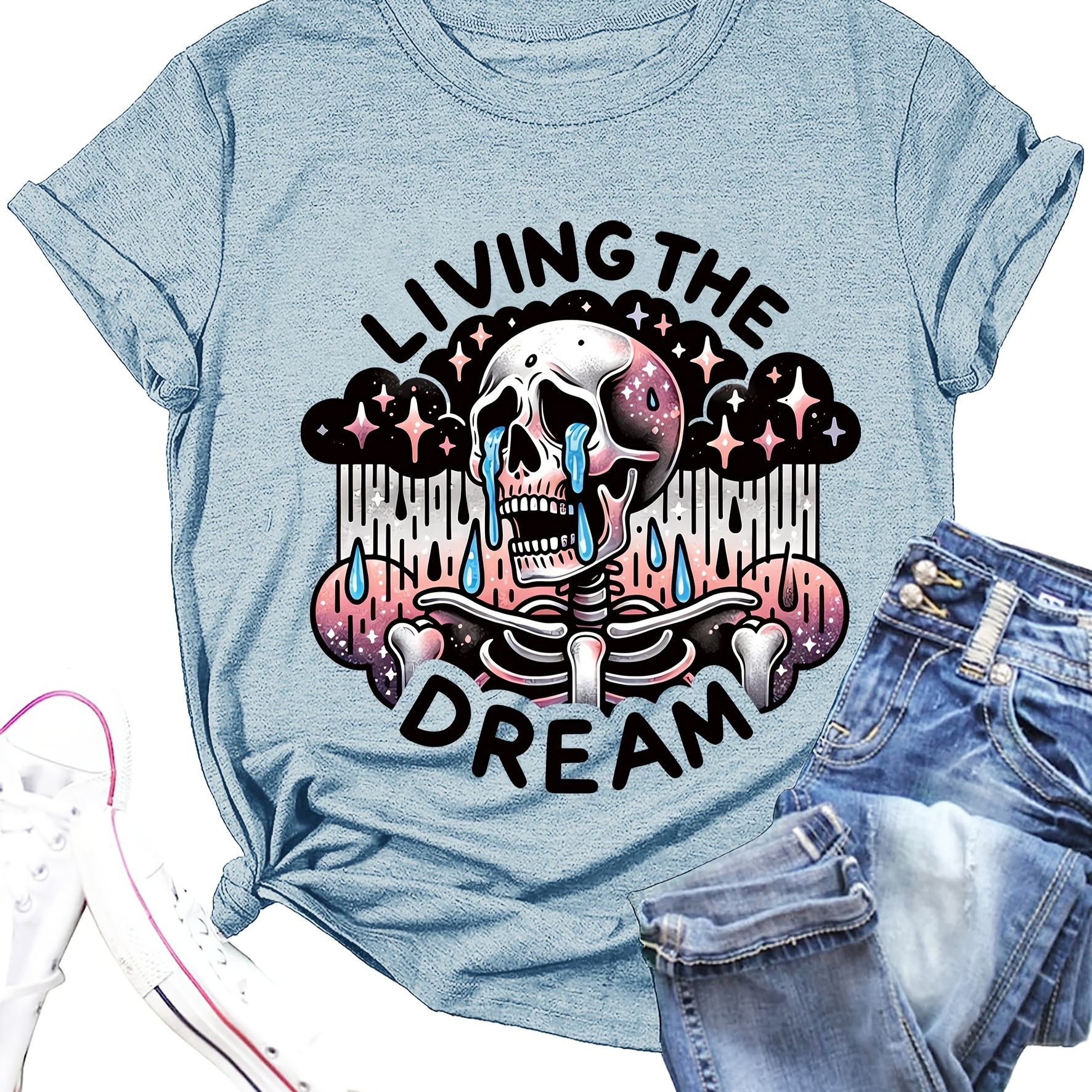 

Women's "" Skull Graphic T-shirt - Casual Fit, Round Neck, Short Sleeve, Polyester, Machine Washable - Light Blue With Unique Skull Design For Summer, Tshirt| Top|polyester Fabric