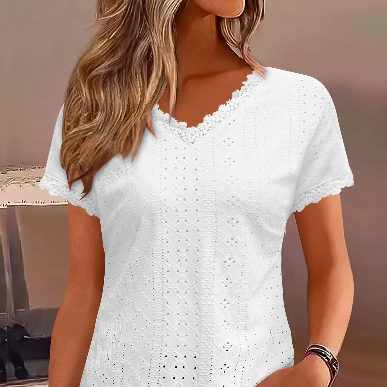 

Casual Wear] Women's Elegant Eyelet Lace V-neck Blouse - Casual Chic Short Sleeve, Breathable Polyester-spandex , Solid Color With Lace Trim, Spring/summer