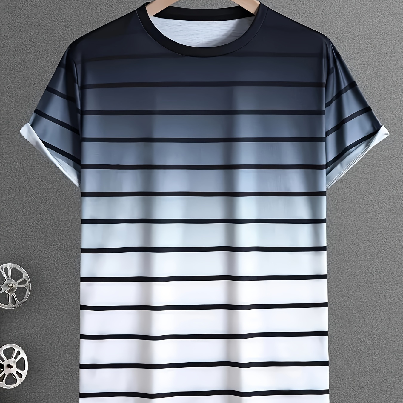 

Men's Gradient Color Stripe Graphic Print T-shirt, Short Sleeve Crew Neck Tee, Men's Clothing For Summer Outdoor