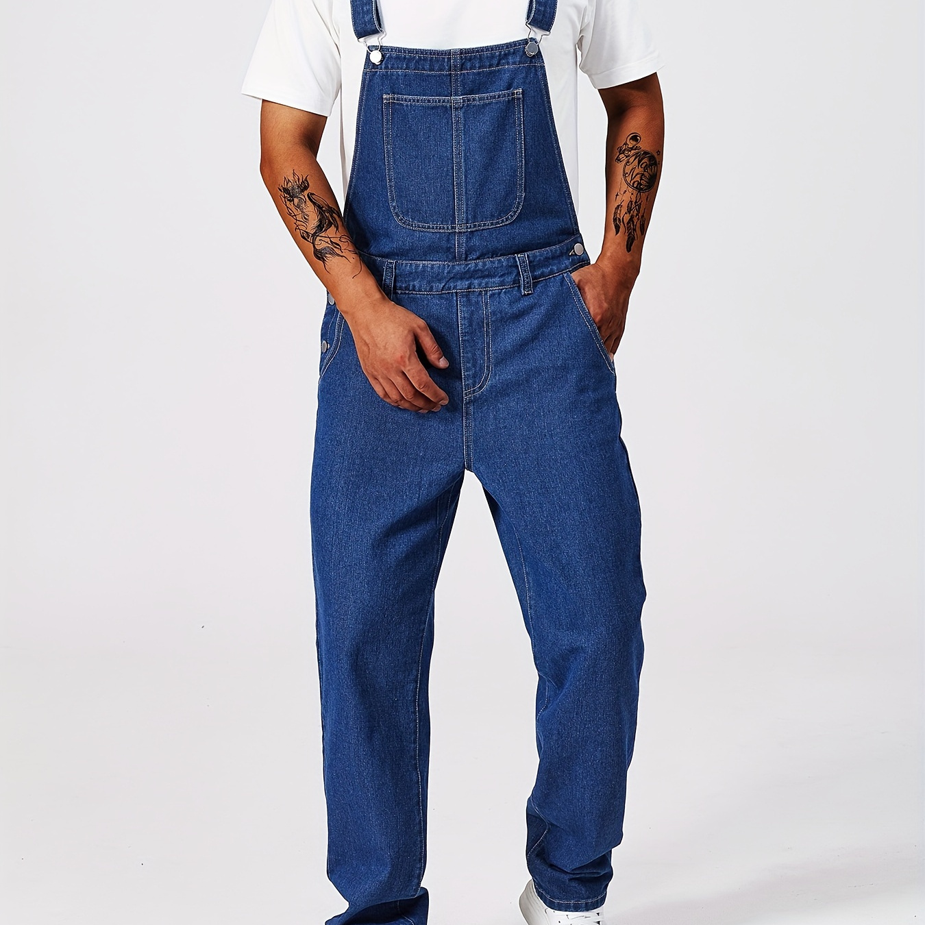 

Men's Solid Denim Overalls With Pockets, Casual Cotton Blend Jumpsuit For All Seasons