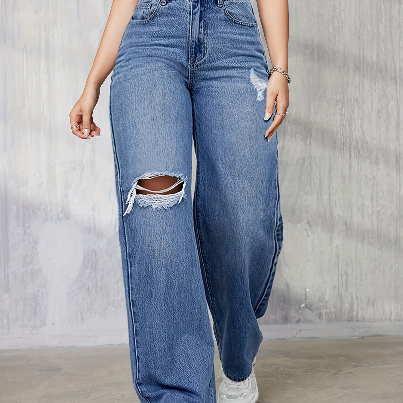 

Women's High-waisted Straight Leg Jeans, Cotton Blend, Elegant Style, Machine Washable, All-season, High-rise, Straight Fit, Low Waist, No Distressing, No Embroidery, Straight Leg, Weft Knit