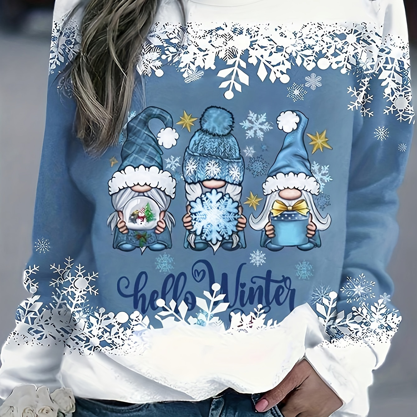 

Dwarf Print Pullover Sweatshirt, Christmas Long Sleeve Crew Neck Sweatshirt For Fall & Winter, Women's Clothing