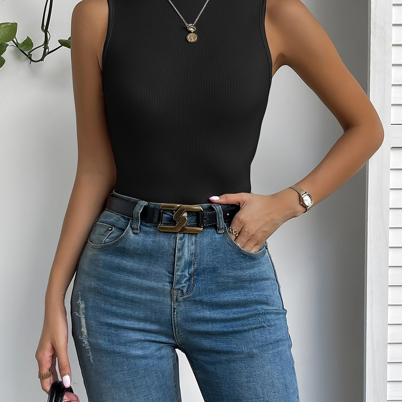 

Solid Mock Neck Tank Top, Elegant Sleeveless Slim Knitted Top, Women's Clothing