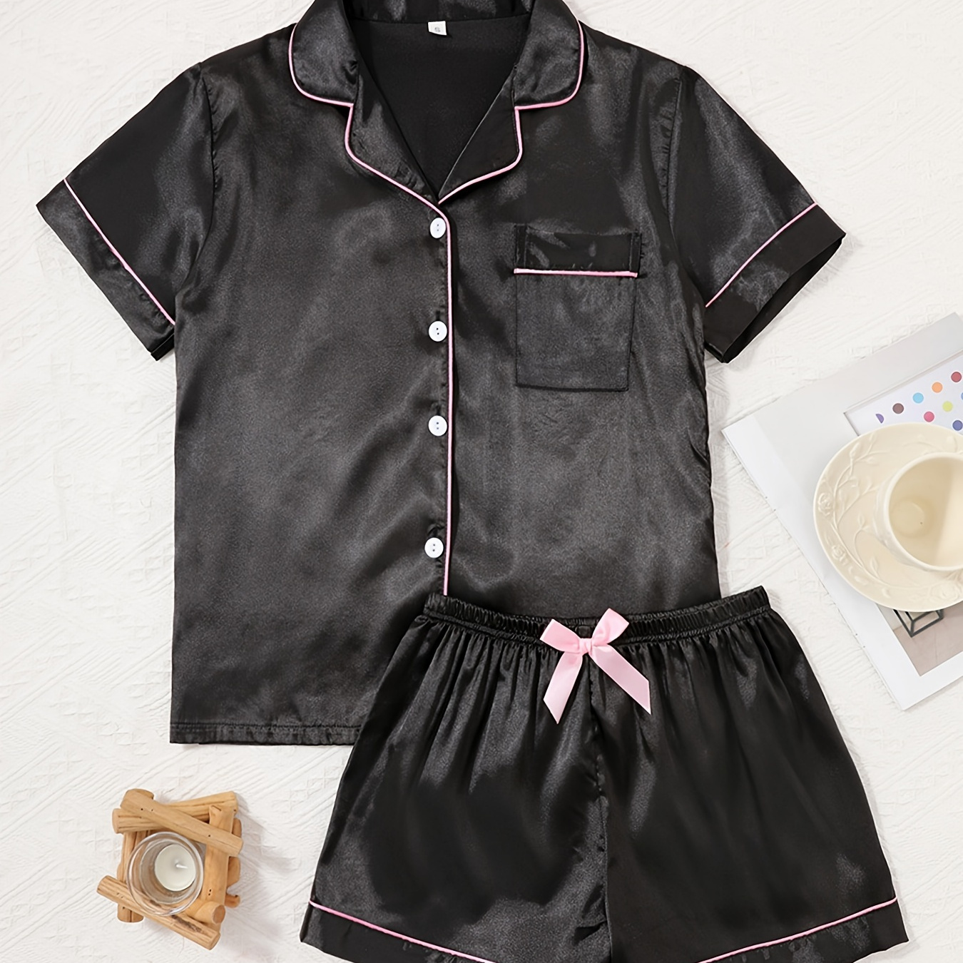 

Women's Solid Satin Casual Pajama Set, Short Sleeve Buttons Lapel Top & Shorts, Comfortable Relaxed Fit