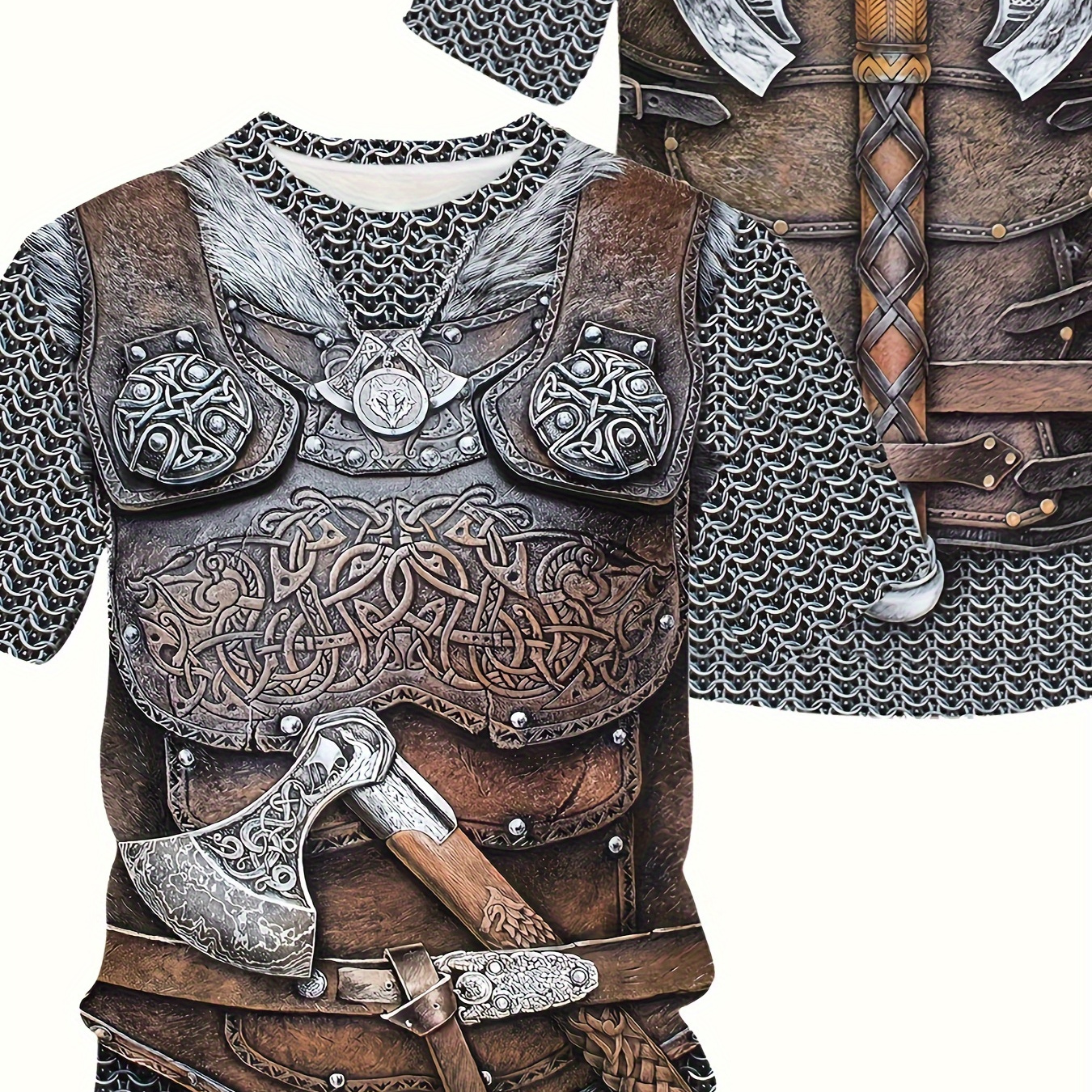 

Men's 3d Digital Ancient Armour With Axe Like Graphic Pattern Print Crew Neck And Short Sleeve T-shirt, Novel And Stylish Tops Suitable For Summer Outdoors Wear