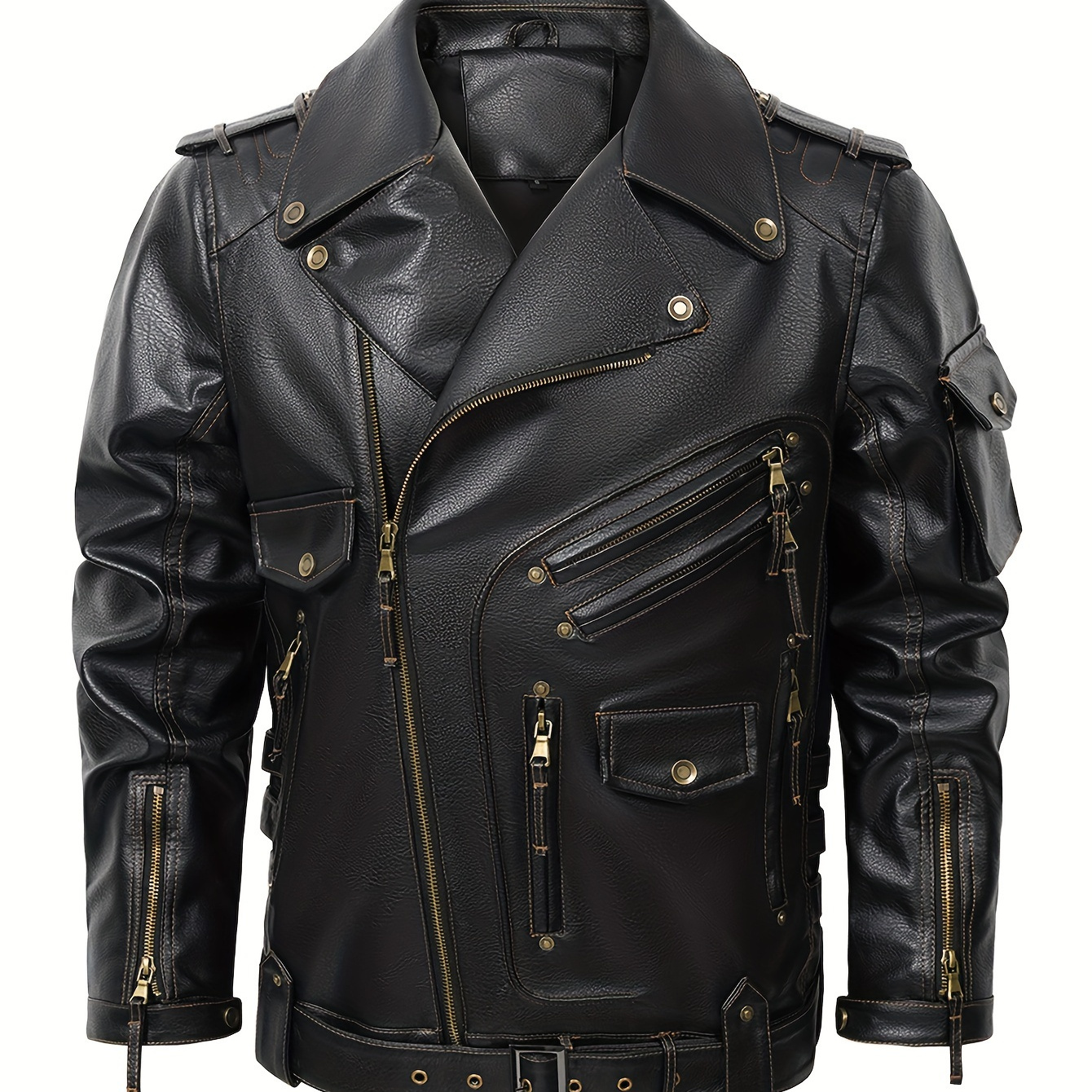 

Men's Pu Leather Jacket With Multiple Pockets, Men's Stylish Zip Up Motorcycle Jacket For Autumn & Winter