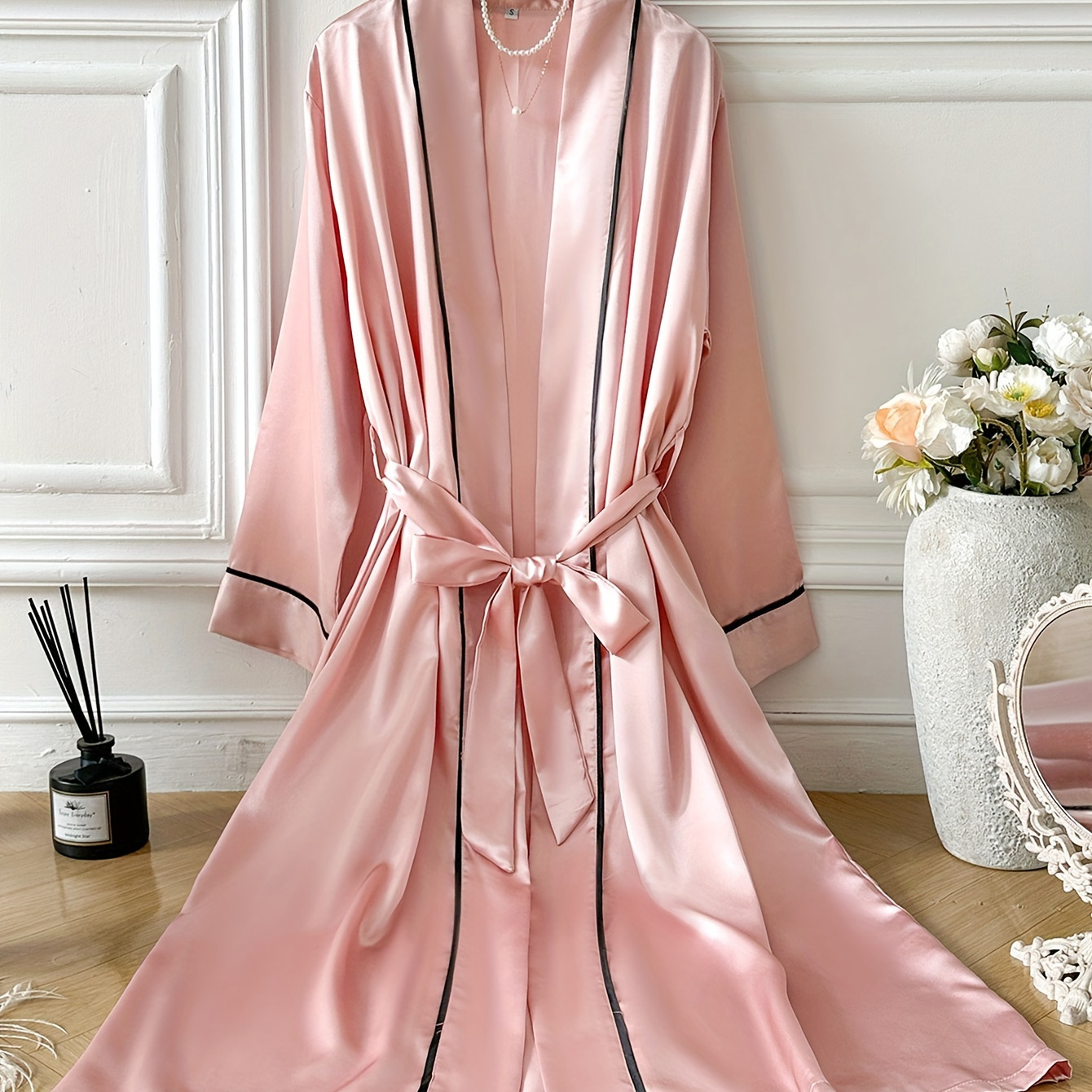 

Elegant Solid Satin Seam Show Night Robe, Long Sleeve V Neck Robe With Belt, Women's Sleepwear & Dresses For Fall & Winter