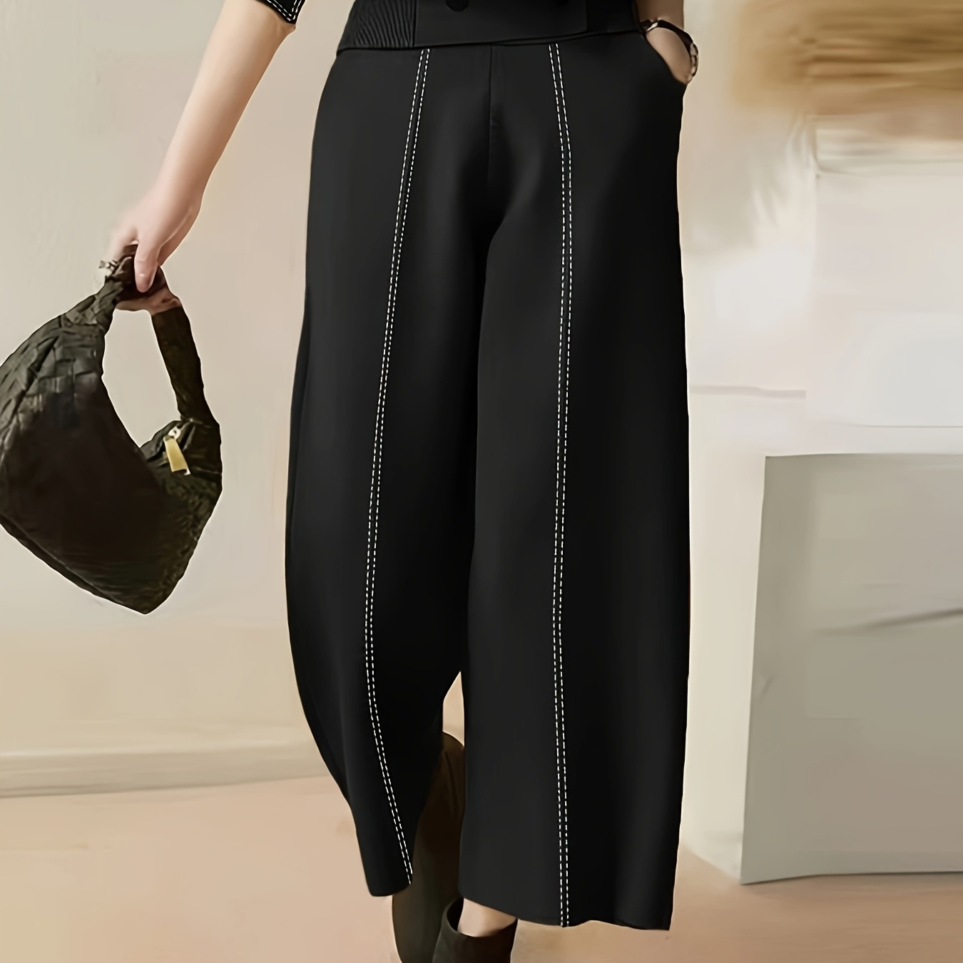 

Women's Commuting High Waistband Pocket Loose Casual Knitted Pants