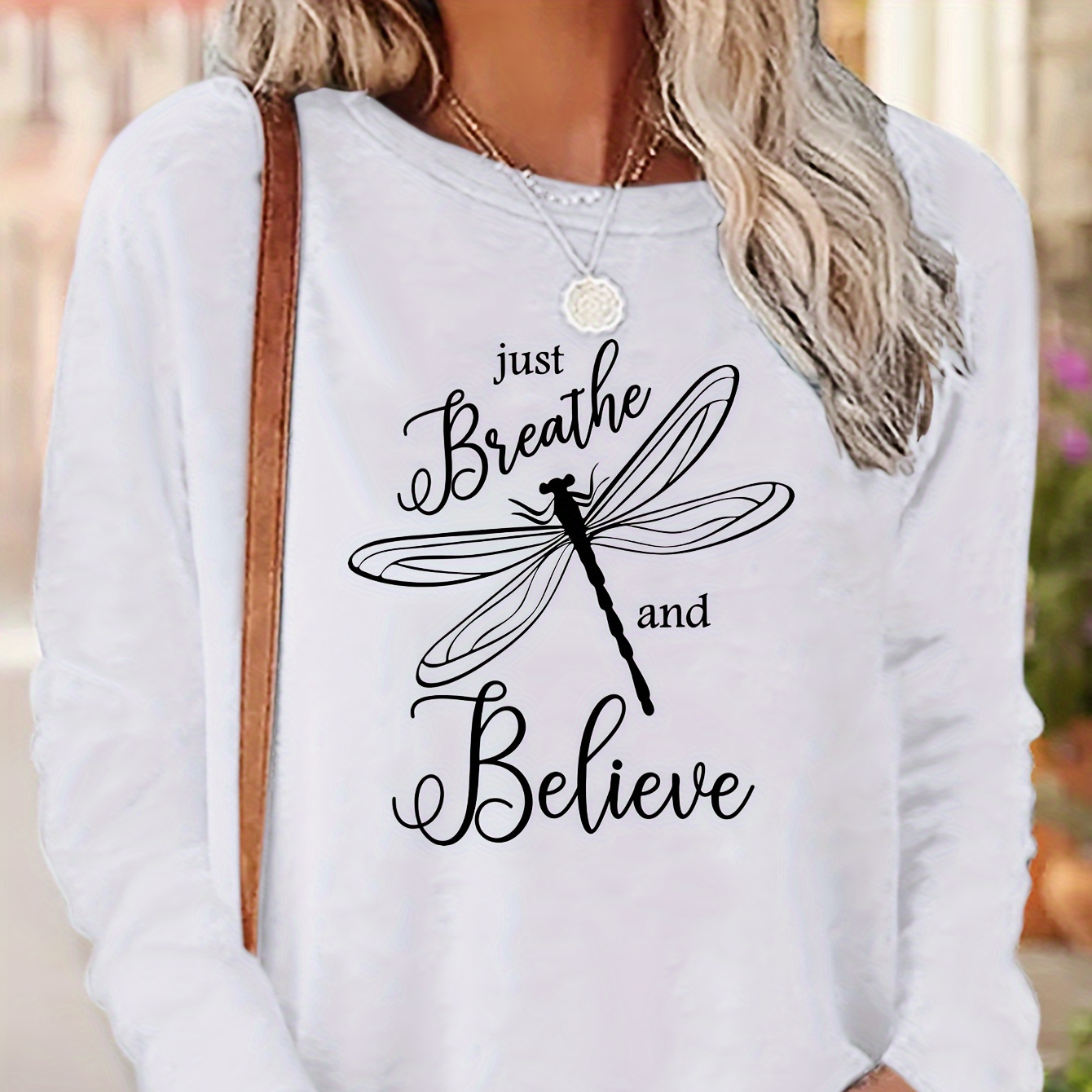 

Letter & Dragonfly T-shirt, Casual Crew Neck Long Sleeve T-shirt, Women's Clothing