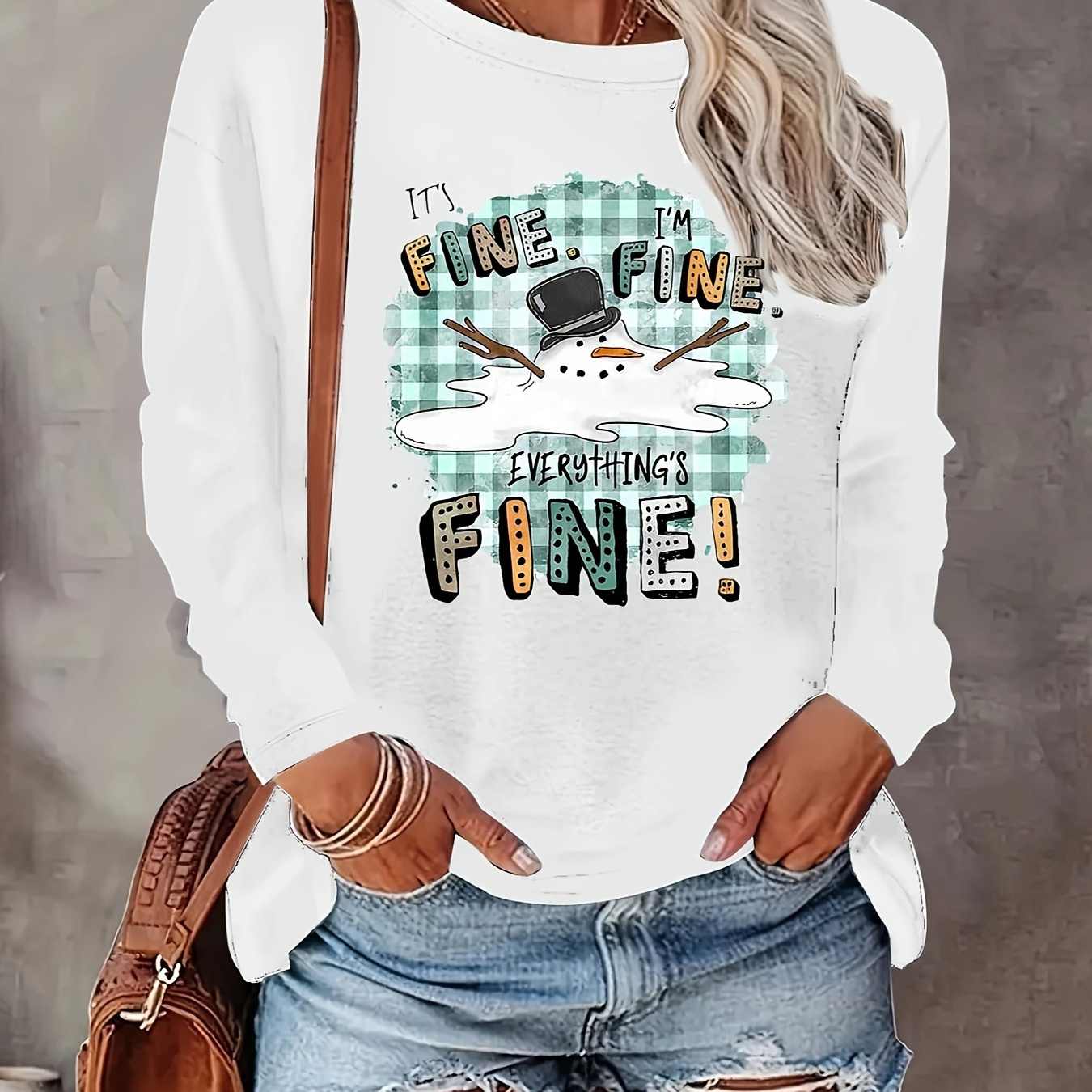 

Snowman & It's Fine Letter Print T-shirt, Casual Crew Neck Long Sleeve Top, Women's Clothing