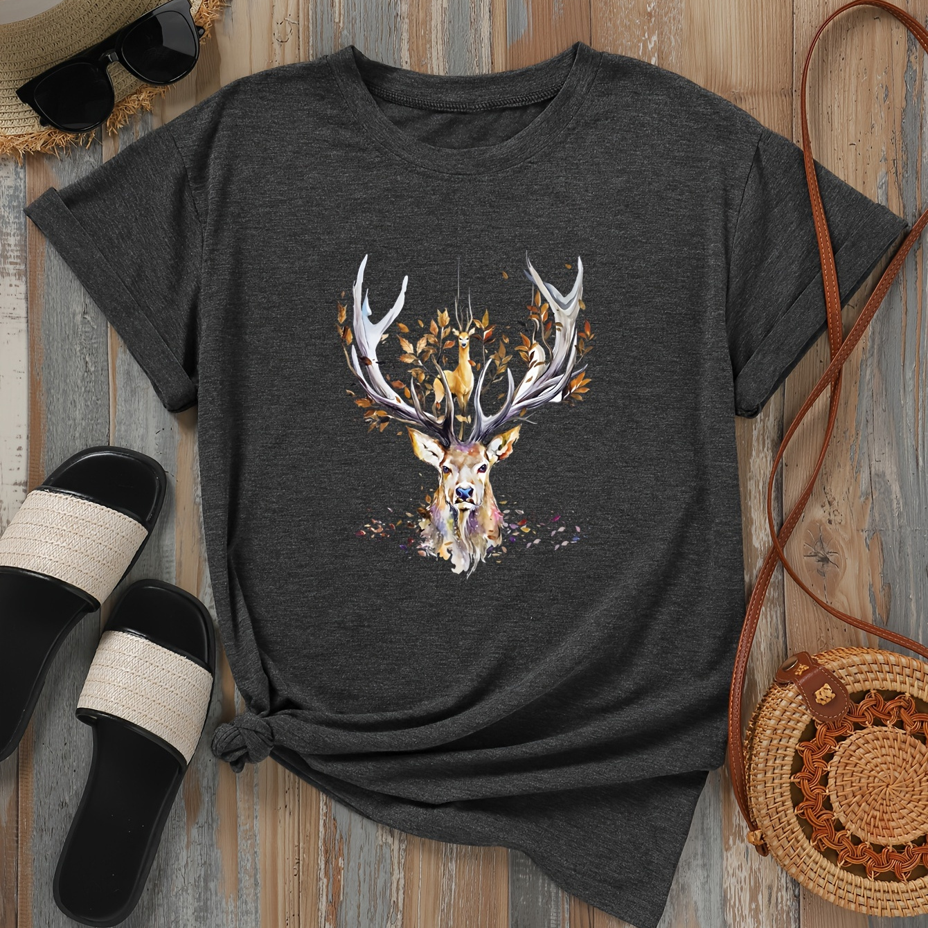 

T-shirt D'été Imprimé Cerf, T-shirt Décontracté À Manches Courtes Et Col Rond, Vêtements Pour Femmes