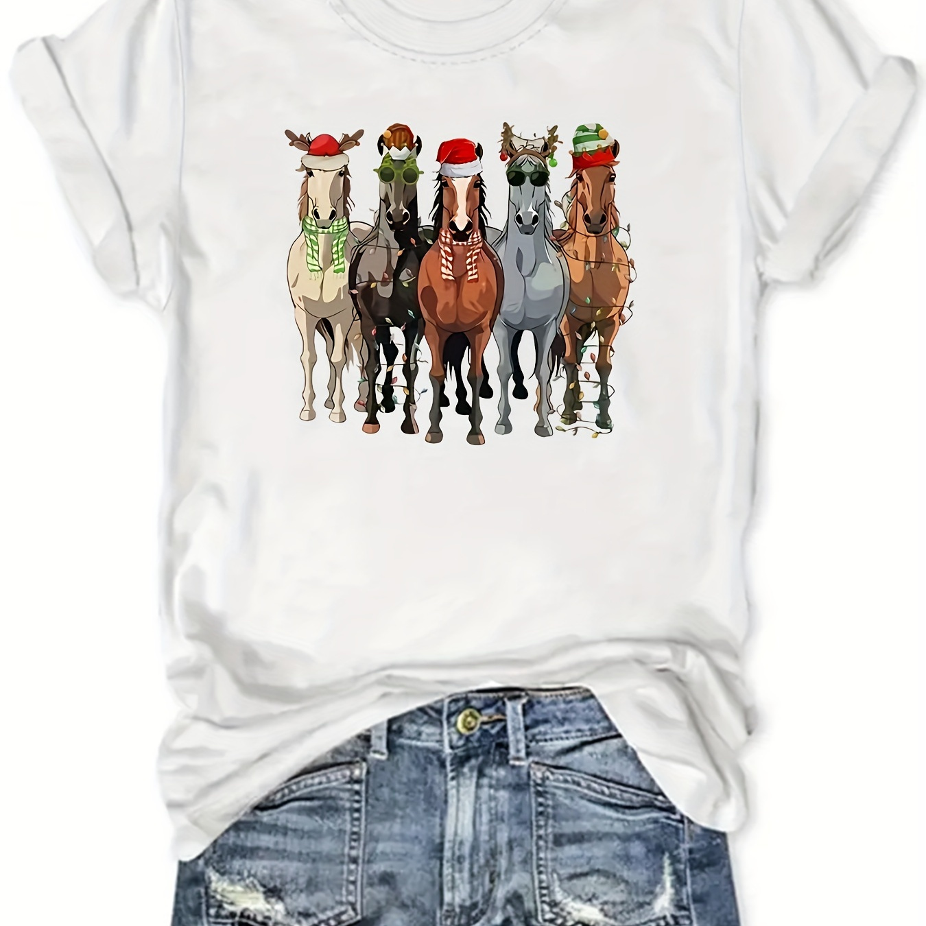 

1pc Women's Christmas Horse Graphic T-shirt, Polyester-rayon , Slight Stretch, Crew Neck, Short Sleeve, Casual Top For All