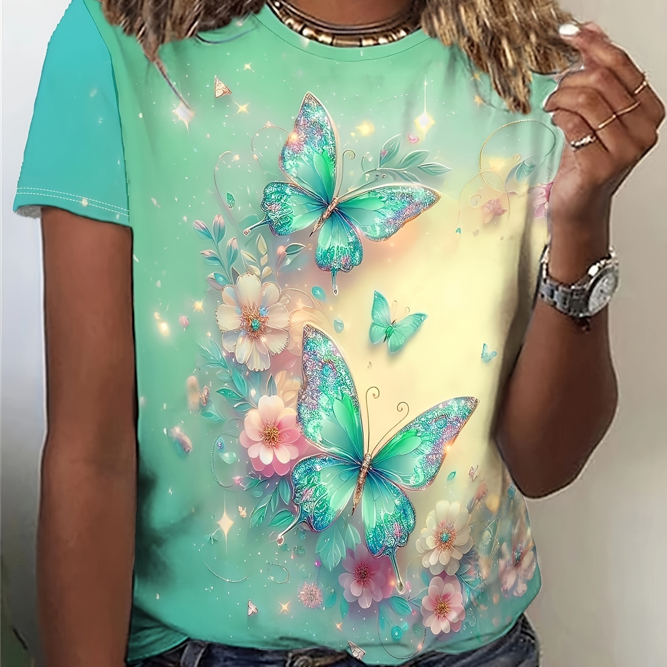 

Butterfly Print Crew Neck T-shirt, Vintage Short Sleeve T-shirt For Spring & Summer, Women's Clothing