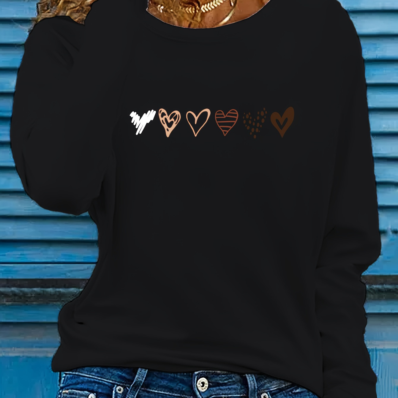 

Women's Long Sleeve Pullover T-shirt, Casual Round Neck, Polyester Fabric, Heart Pattern, Regular Length, Autumn Fashion, Knit With Embroidery Detail