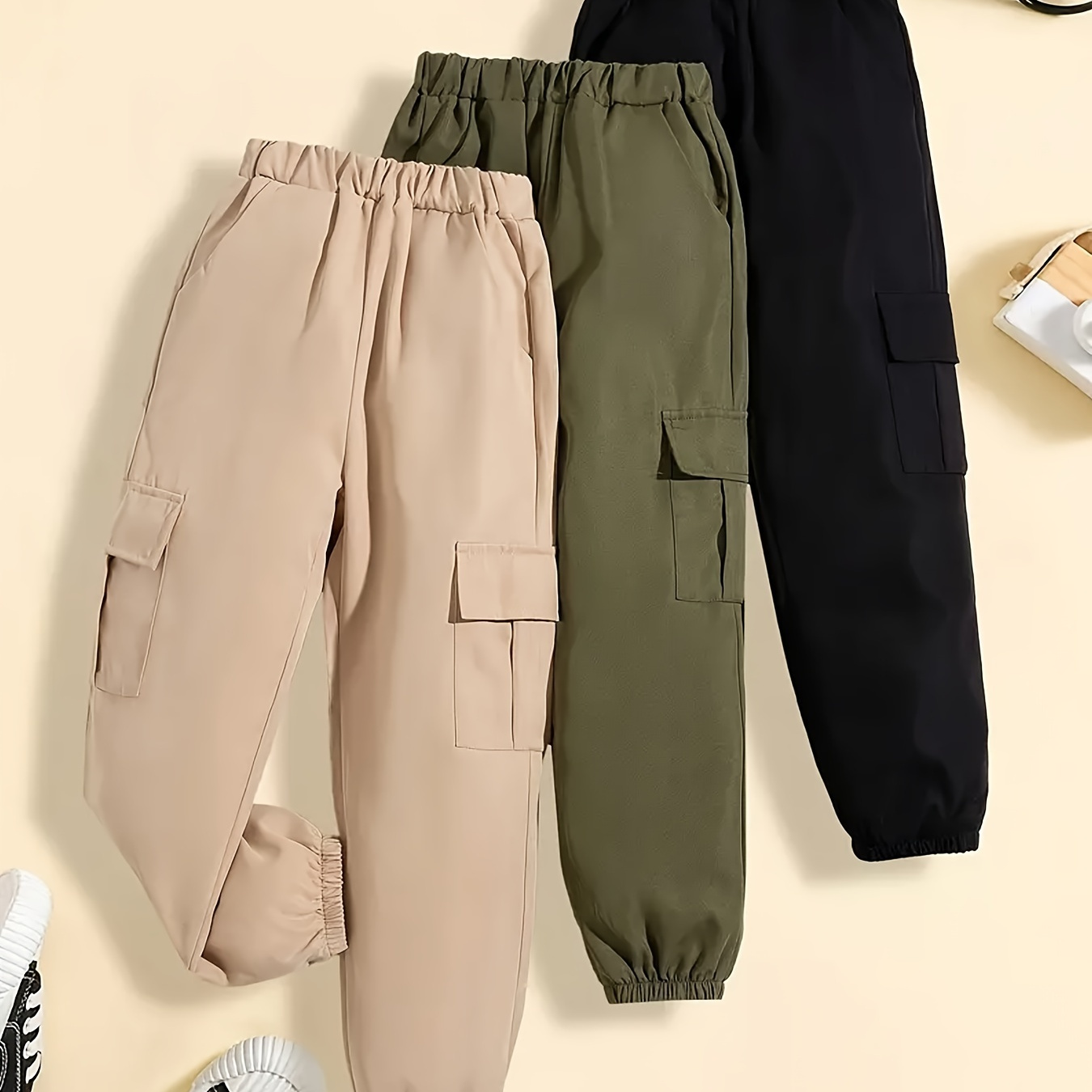 

3pcs Girls Autumn And Comfortable Flap Pocket Cargo Pants