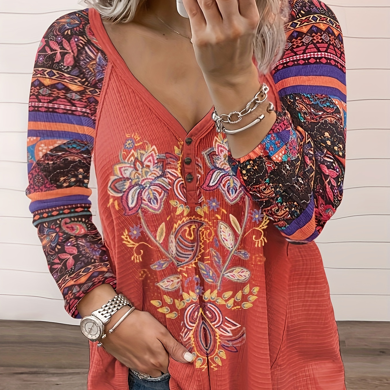 

Plus Size Paisley Print Long Sleeve T-shirt, Women's Plus Slight Stretch V Neck Casual Pullover Top