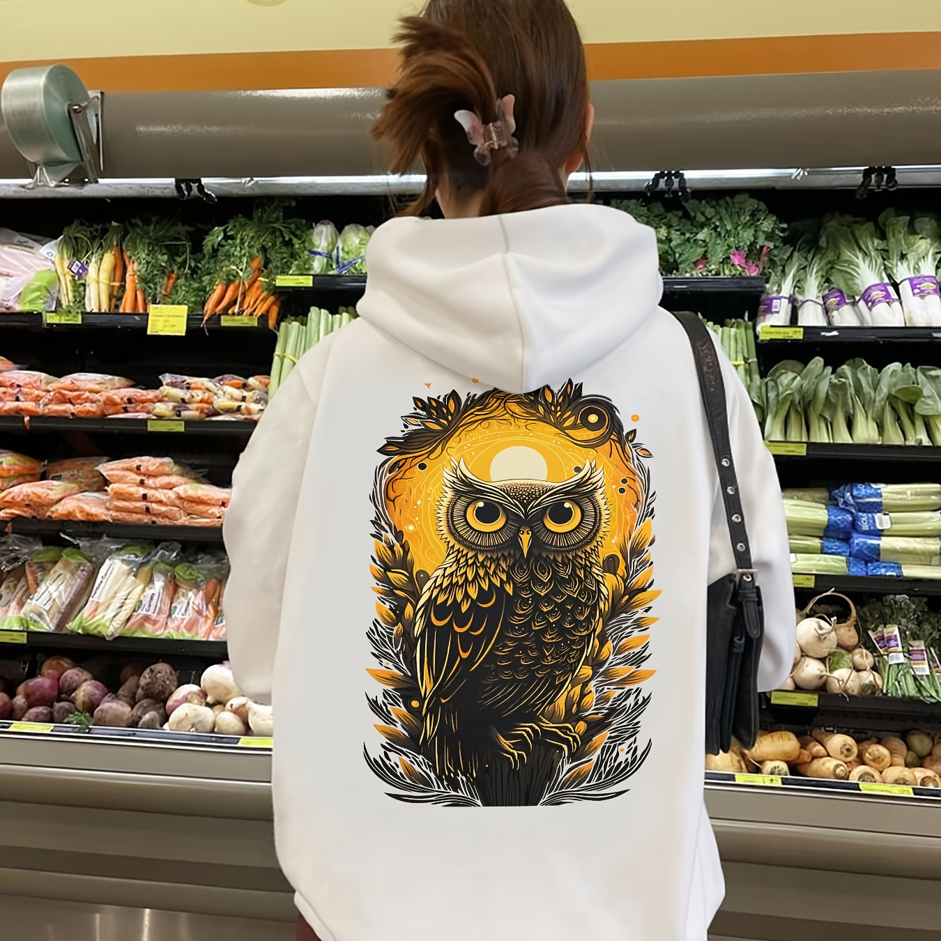 

1pc Women' Owl Print Hoodie, Polyester Knit With Pocket, Geometric Pattern Hooded Sweatshirt For Spring/summer/autumn