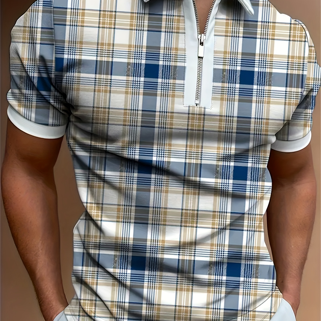 Men's Plaid Fashion Polo Shirt, Zipper Up Lapel Short Sleeve Business Casual Shirt, Plus Size Summer Men Clothing