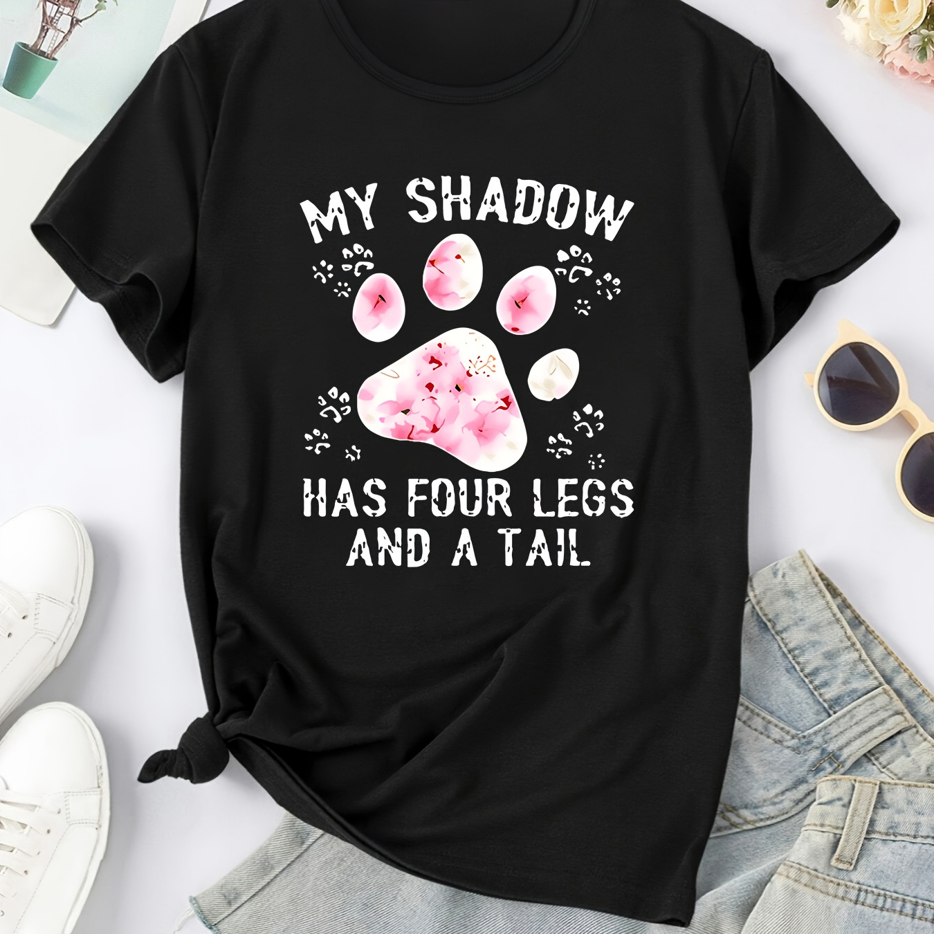 

Women's Short Sleeve Round Neck T-shirt With Cherry Paw Print, Casual Tee With White "my Shadow Has 4 Legs And A Tail" Text, Spring/summer Fashion
