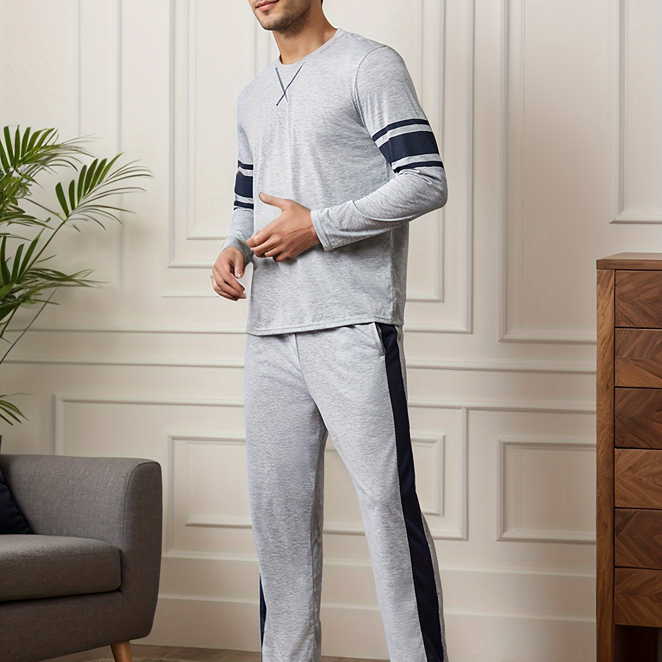 

Men's Crew Neck Long Sleeve Pajama Set - Polyester 95%, Elastane 5% Knit Fabric, Stretch, Geometric Pattern, , Summer Sleepwear Basics, Regular Set