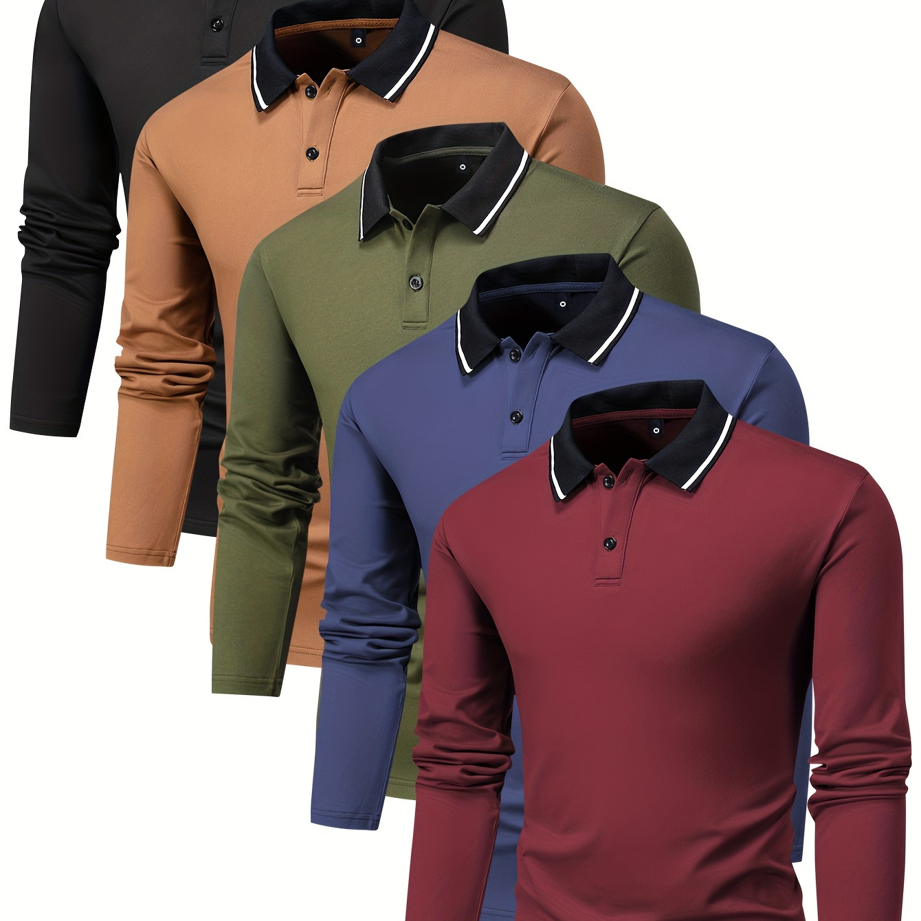 

5pcs Solid Color Long Sleeve Lapel Collar Golf Shirt, Comfy Male Shirt For , Gift For Men