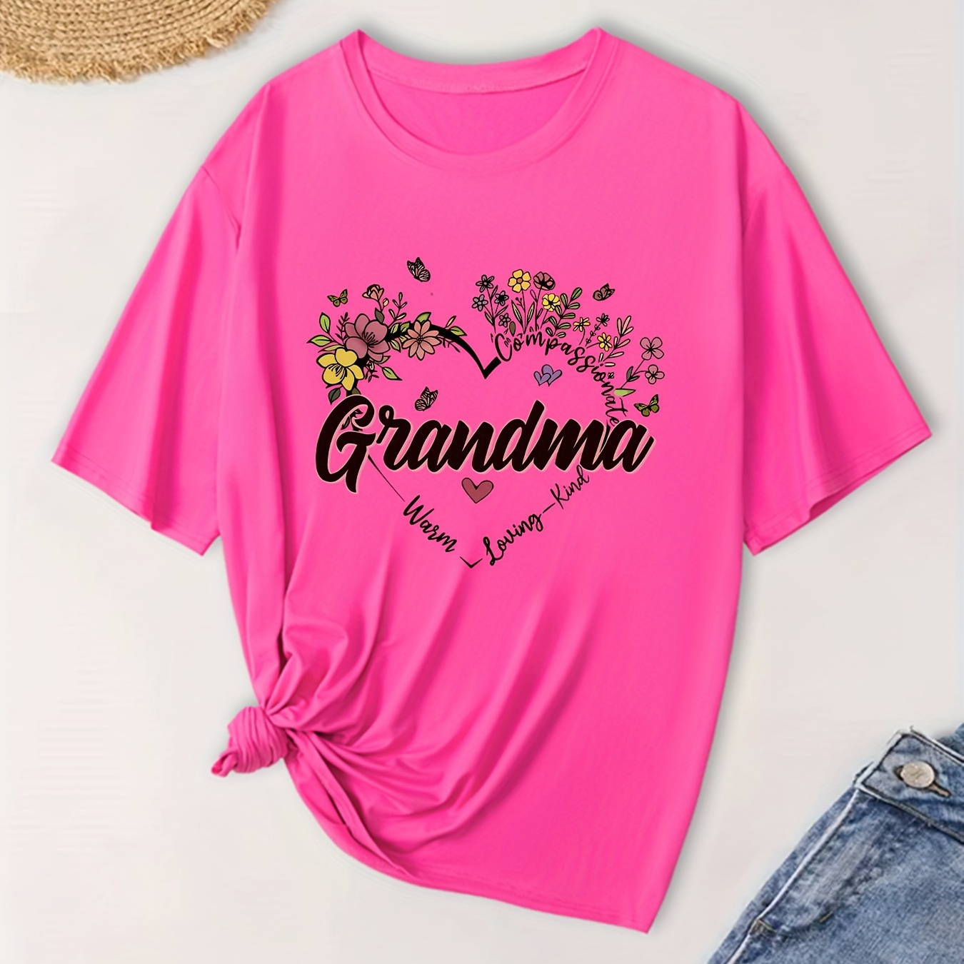 

Size Grandma Floral Tee - Casual Crew Neck, Short Sleeve, Polyester , Machine Washable - Women'