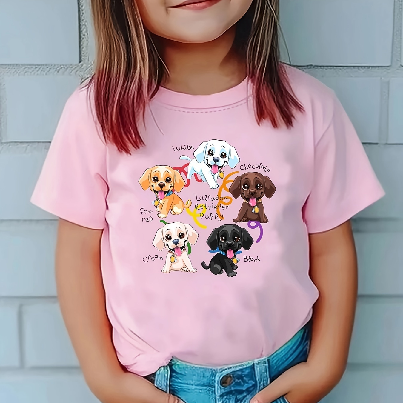 

Letters & Cute Cartoon Dogs Graphic Print, Girls' Casual & Comfy Crew Neck Short Sleeve T-shirt For Spring & Summer, Girls' Clothes For Outdoor Activities