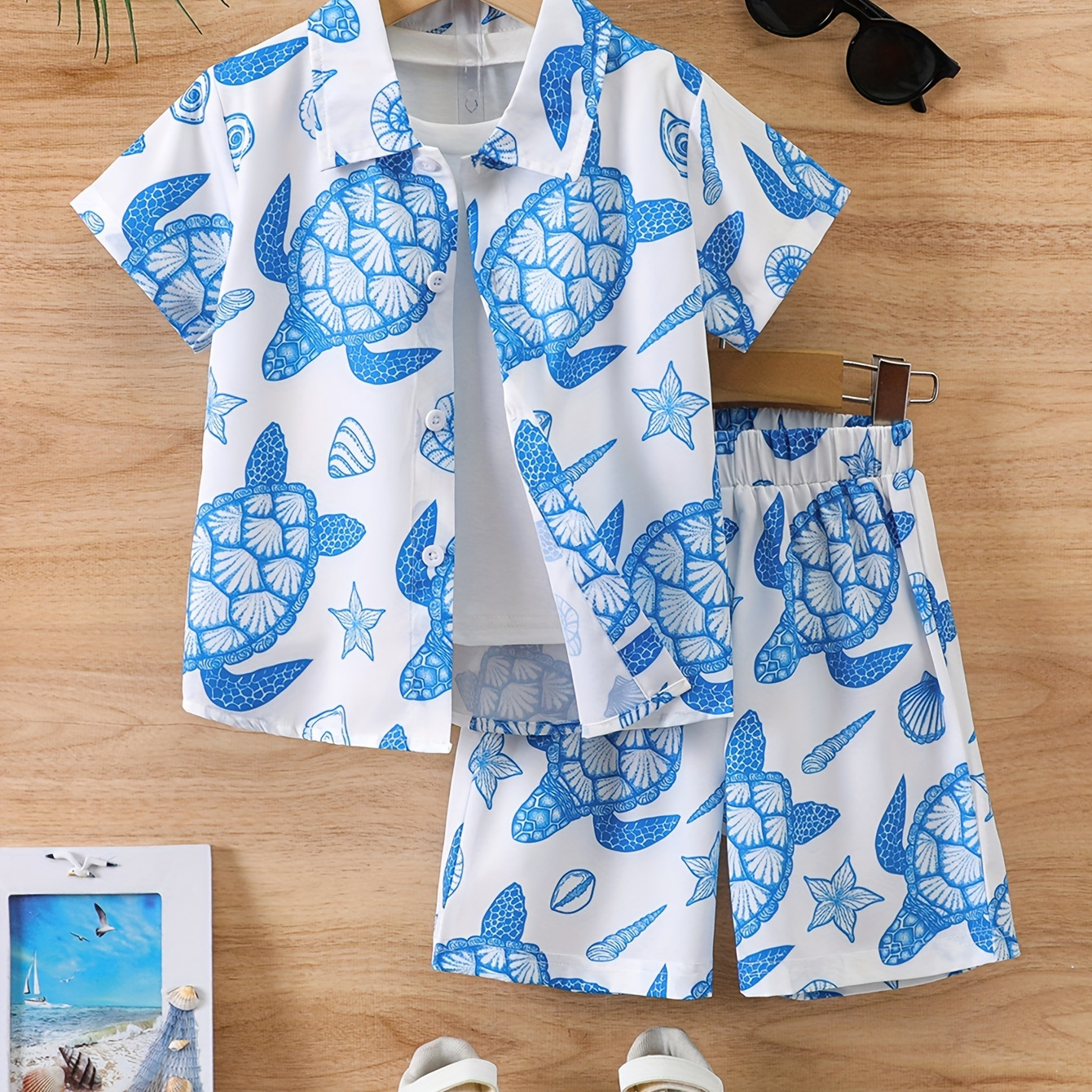 

2pcs Boys Hawaiian Beach Turtle Graphic Print Short Sleeve Lapel Shirt & Shorts Set, Comfy Summer Boys Clothing