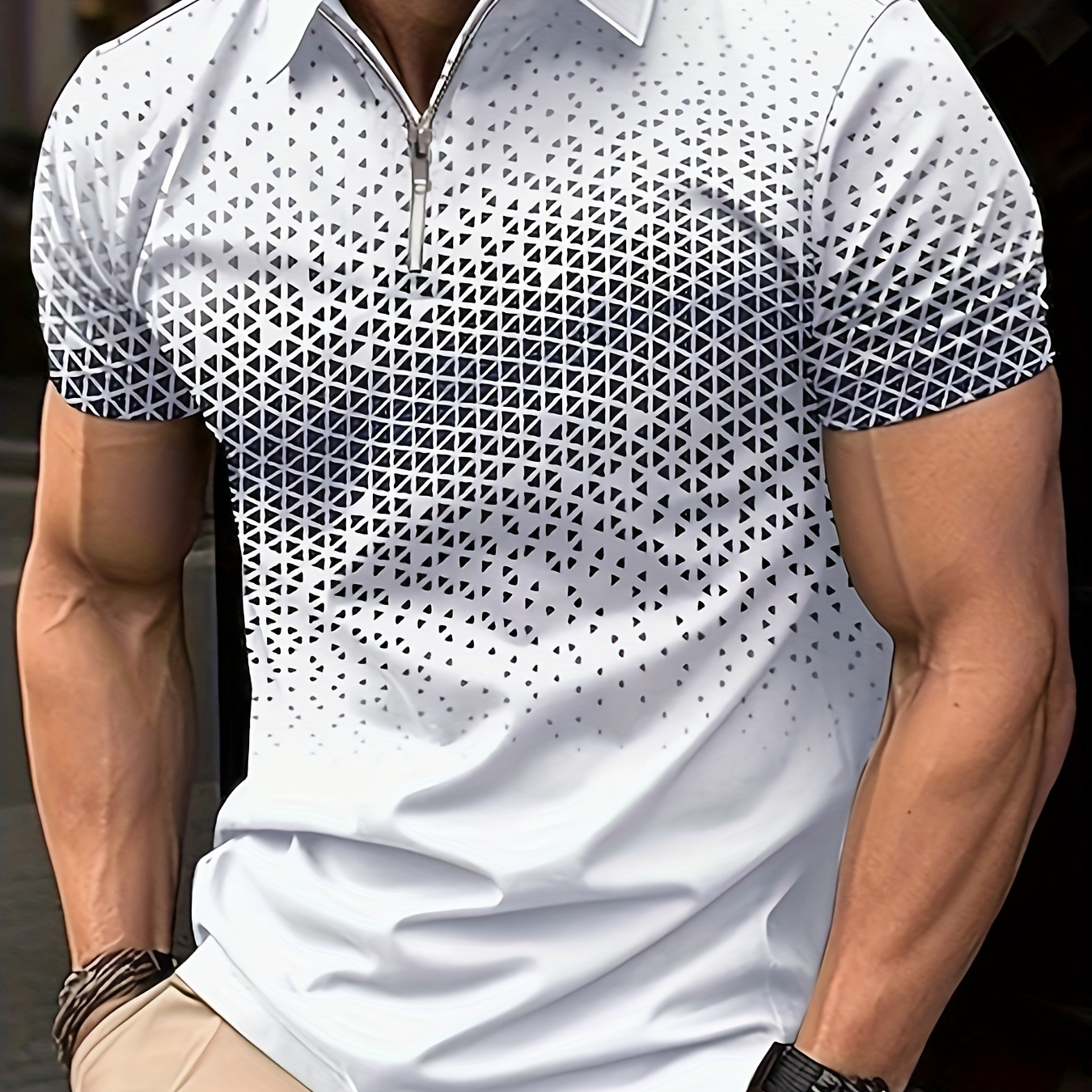

Geometry Pattern Men's Casual Comfy Versatile Fit Zip Short Sleeve Shirt, Mens Golf Shirt Tennis Shirt, Mens Clothing