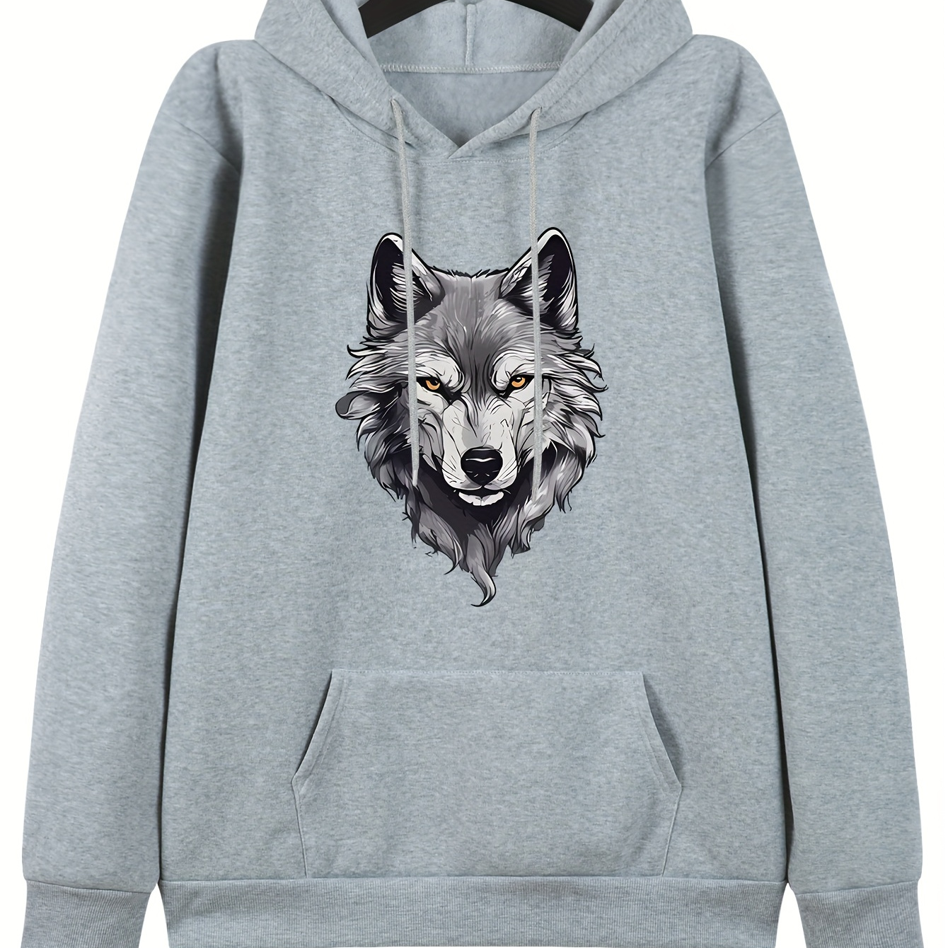 

Men's Casual Hoodie With Wolf Print - Soft Polyester, Machine Washable, Kangaroo Pocket | Stylish Pullover For Fall & Winter