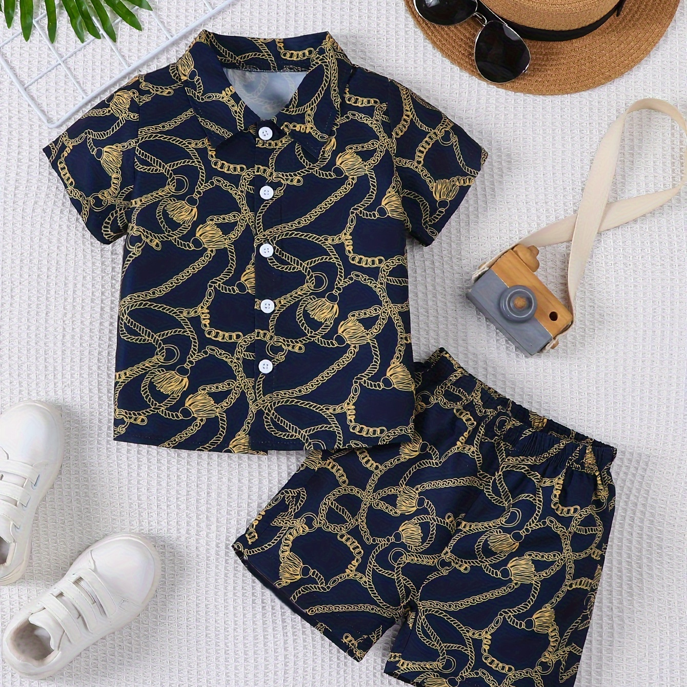 

2pcs Boys Casual Chain Graphic Print Short Sleeve Lapel Shirt & Shorts Set, Comfy Summer Boys Clothing
