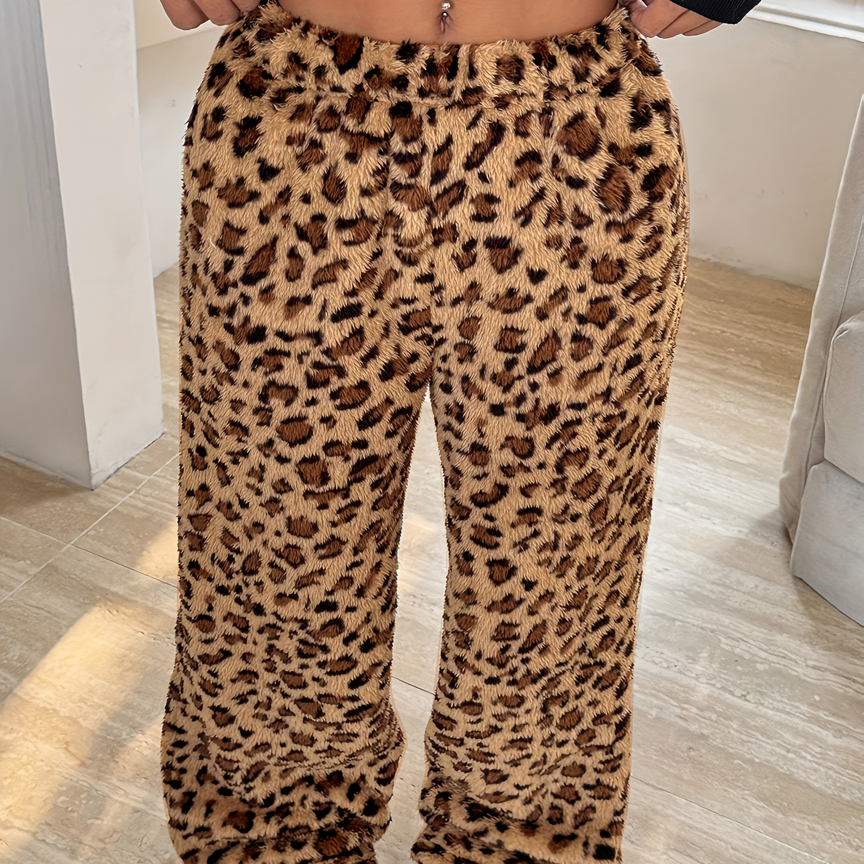 Autumn and Winter Fashion Leopard Print Loose Plush Pants - Versatile Thick Casual Warm Elastic Waist Home Wear Long Trousers