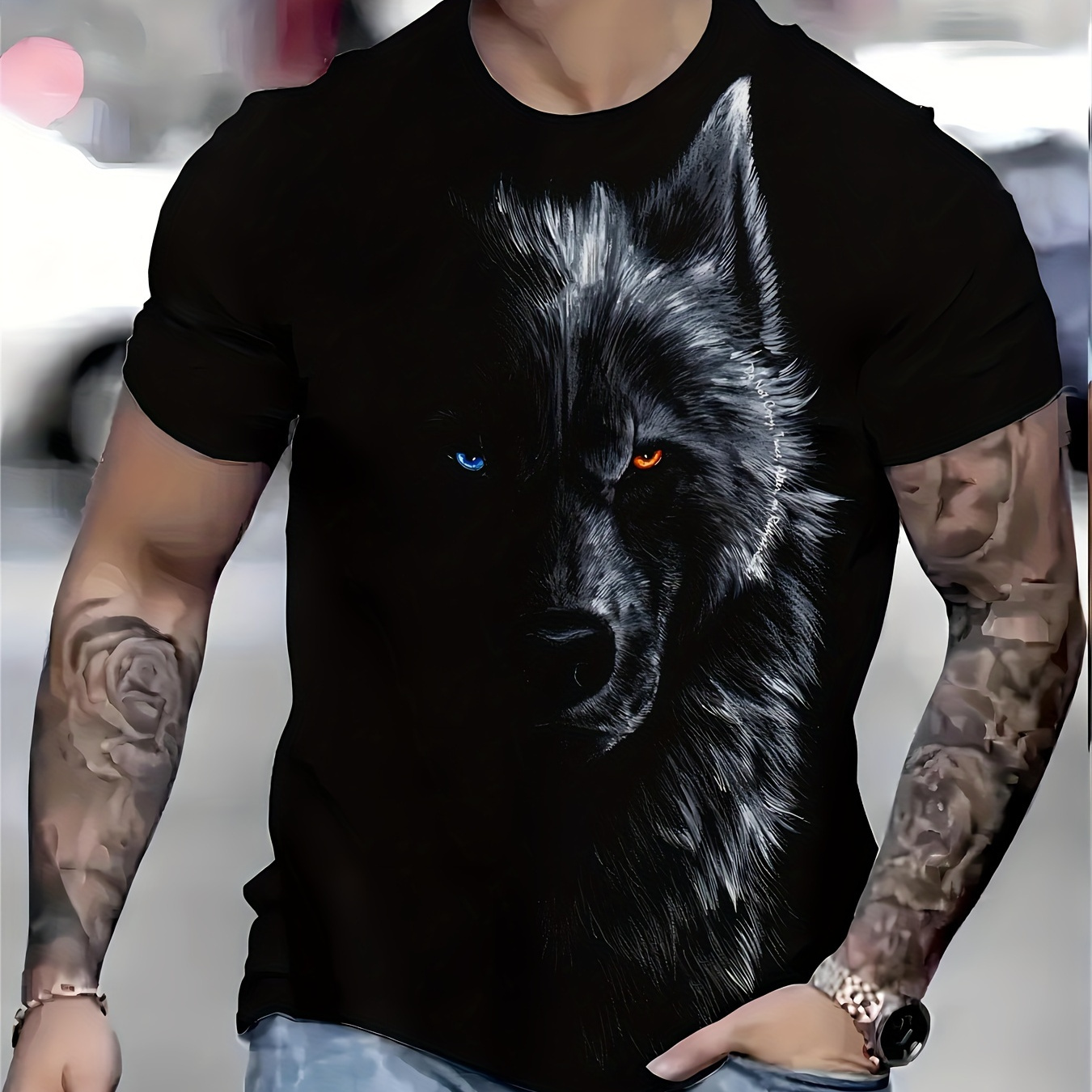 

) Men's Summer Casual Sports Tee - 3d Wolf Print, Comfortable Polyester Short Sleeve Shirt With Crew Neck, Machine Washable - Ideal For Outdoor Activities, Plus Size Tee