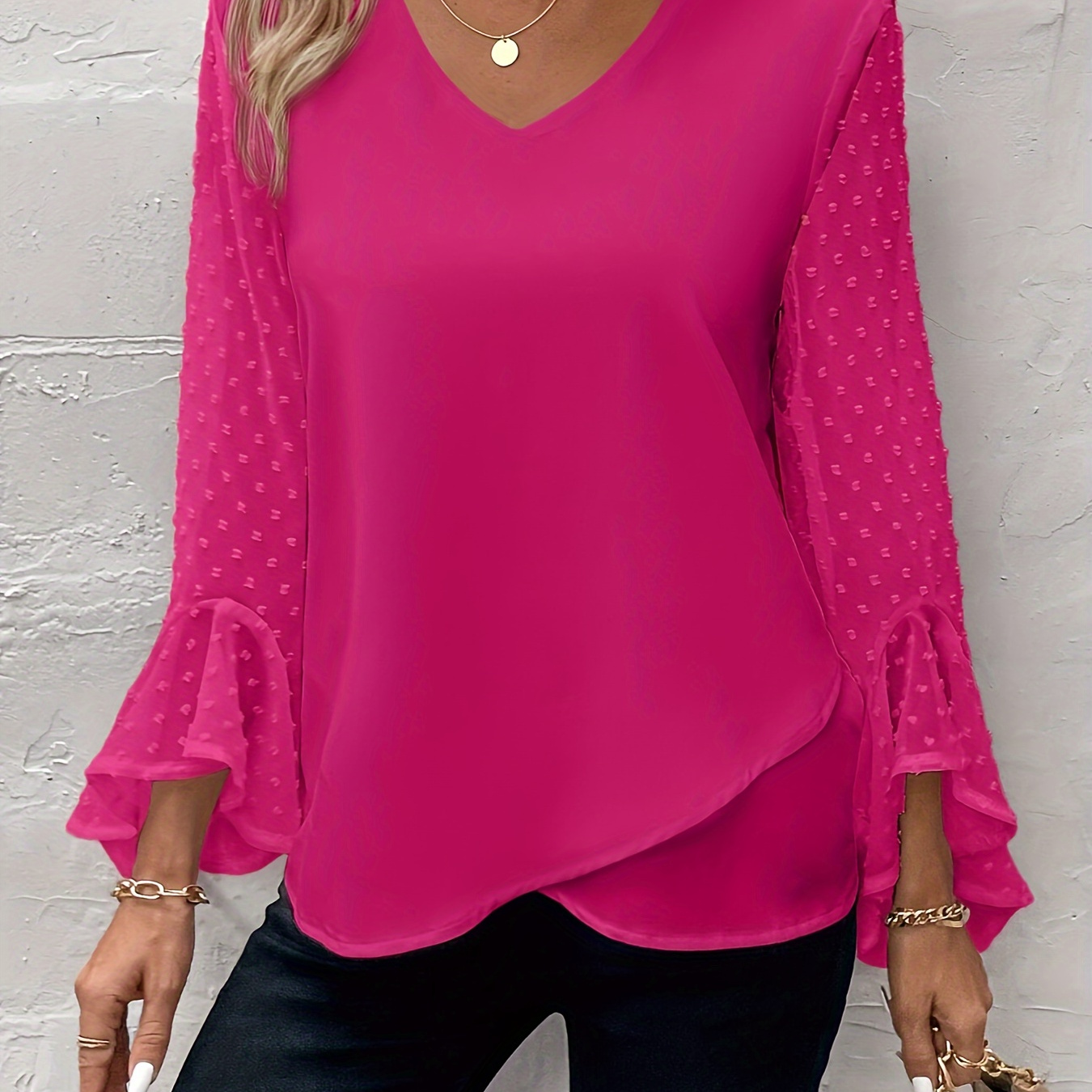 

Solid Color V Neck Blouse, Casual Swiss Dot Long Sleeve Top For Spring & Fall, Women's Clothing