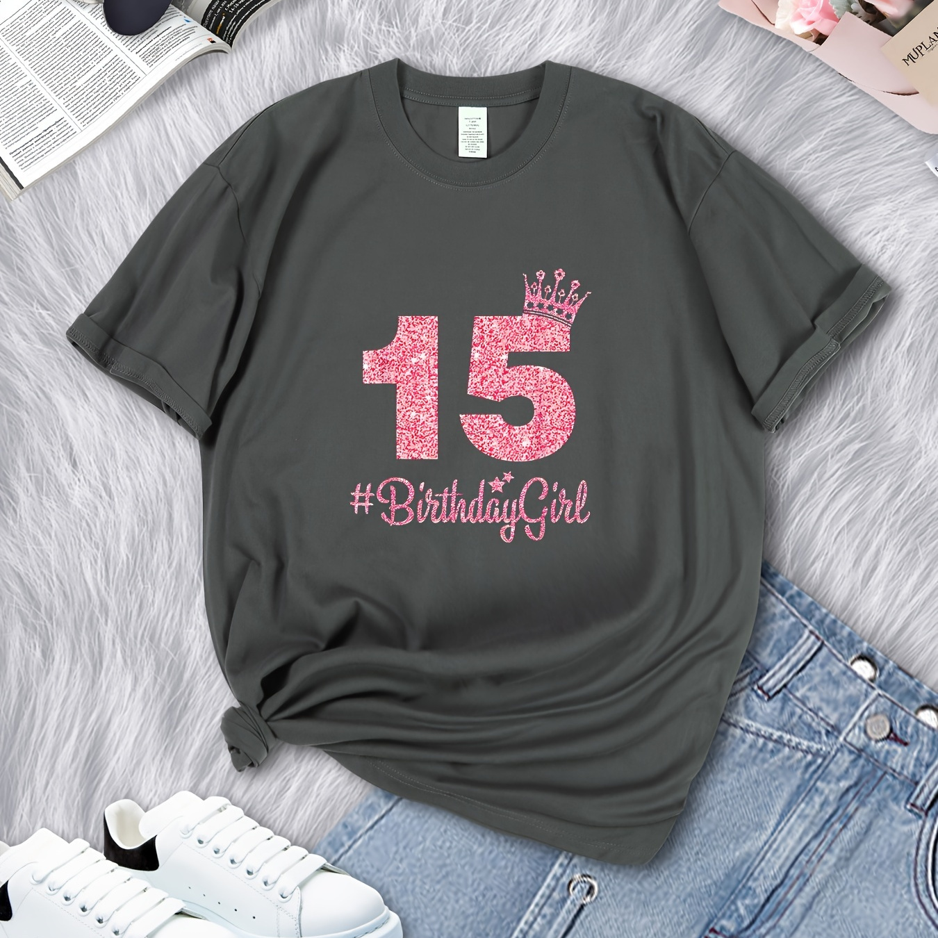 

Birthday Girl Print Round Neck T-shirt, Sports Trendy Short Sleeve T-shirt, Women's Clothing