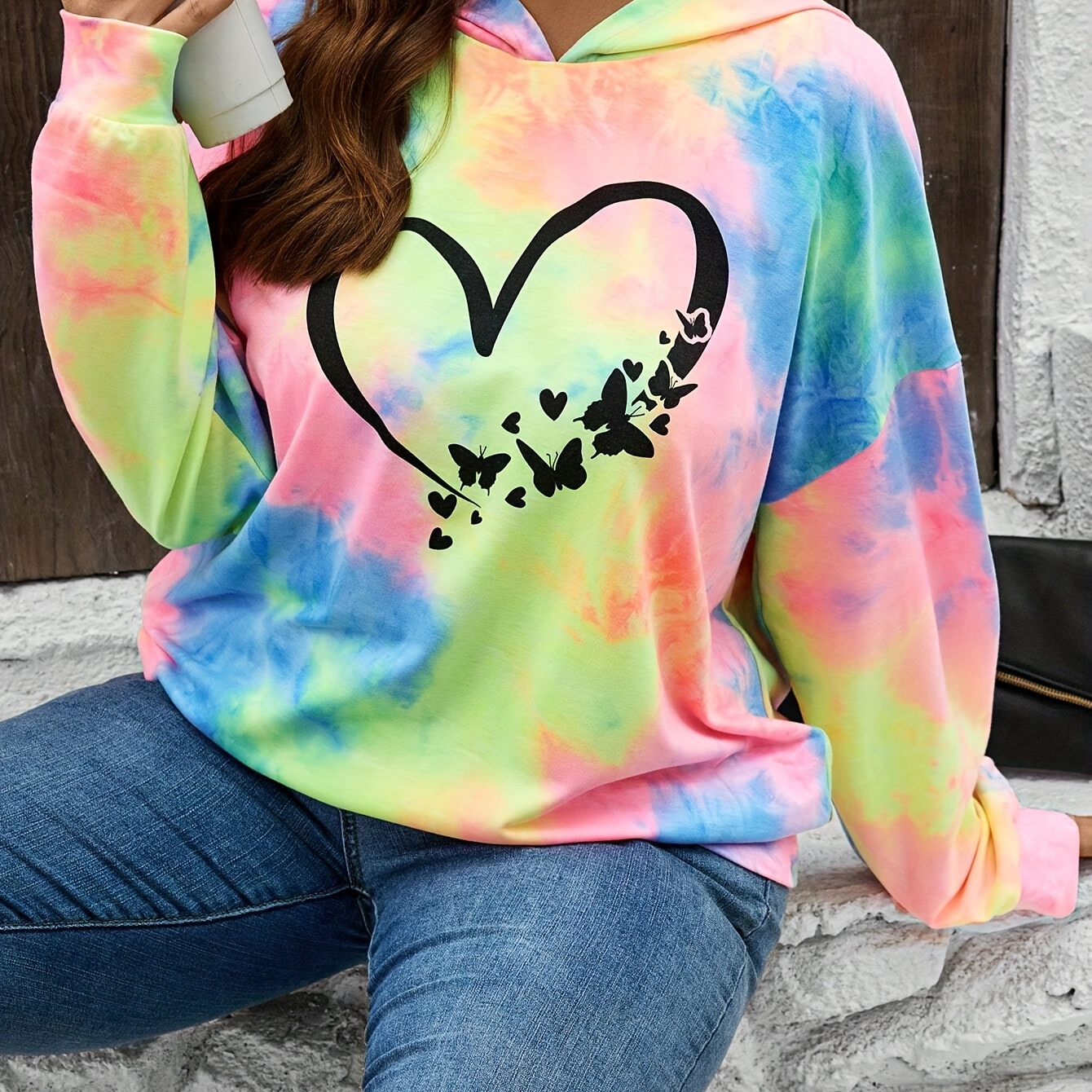 

Cozy Plus Size Hoodie For Women - Casual Long Sleeve With Heart Print, Stretchy Polyester , Machine Washable - Fall & Winter