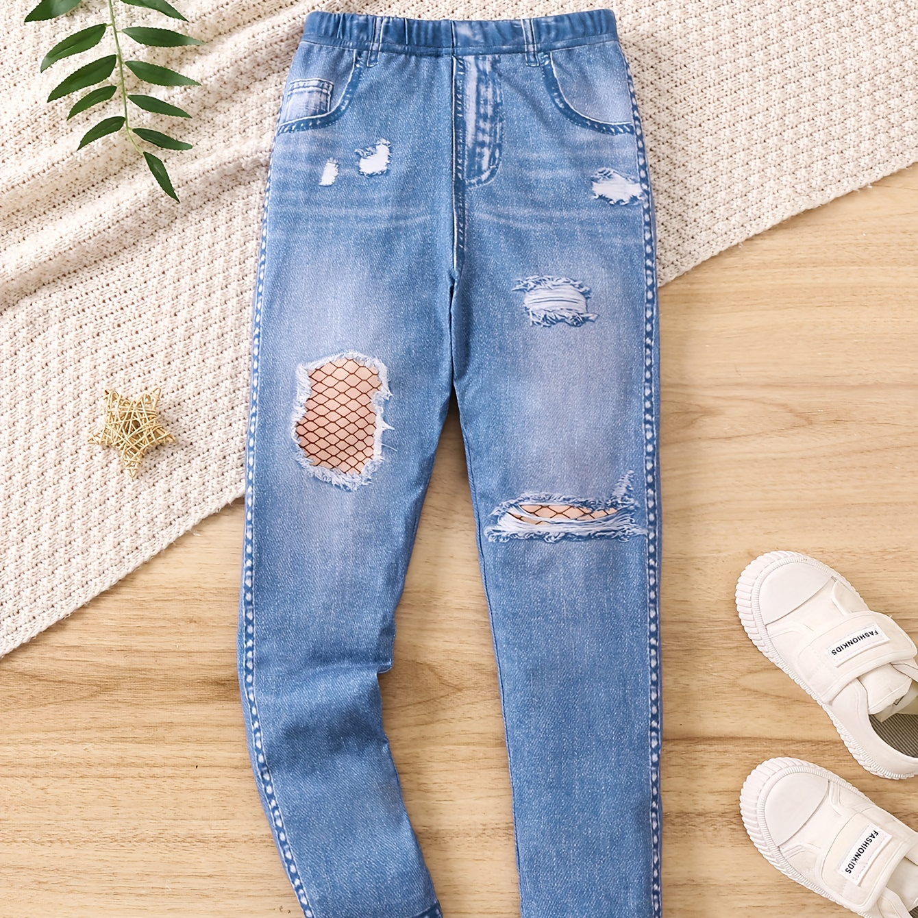 

Girls Lace Ripped Pattern Imitation Denim Print Allover Print Slim Legging Pants, Kids Bottoms