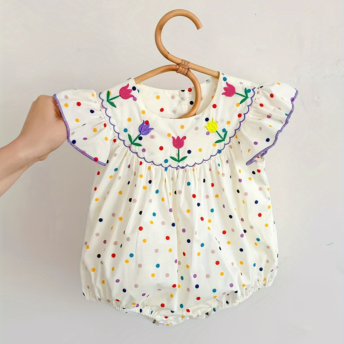 

Baby's Tulip Embroidered Comfy Cotton Triangle Bodysuit, Casual Colorful Polka Dots Pattern Cap Sleeve Romper, Toddler & Infant Girl's Onesie For Summer, As Gift