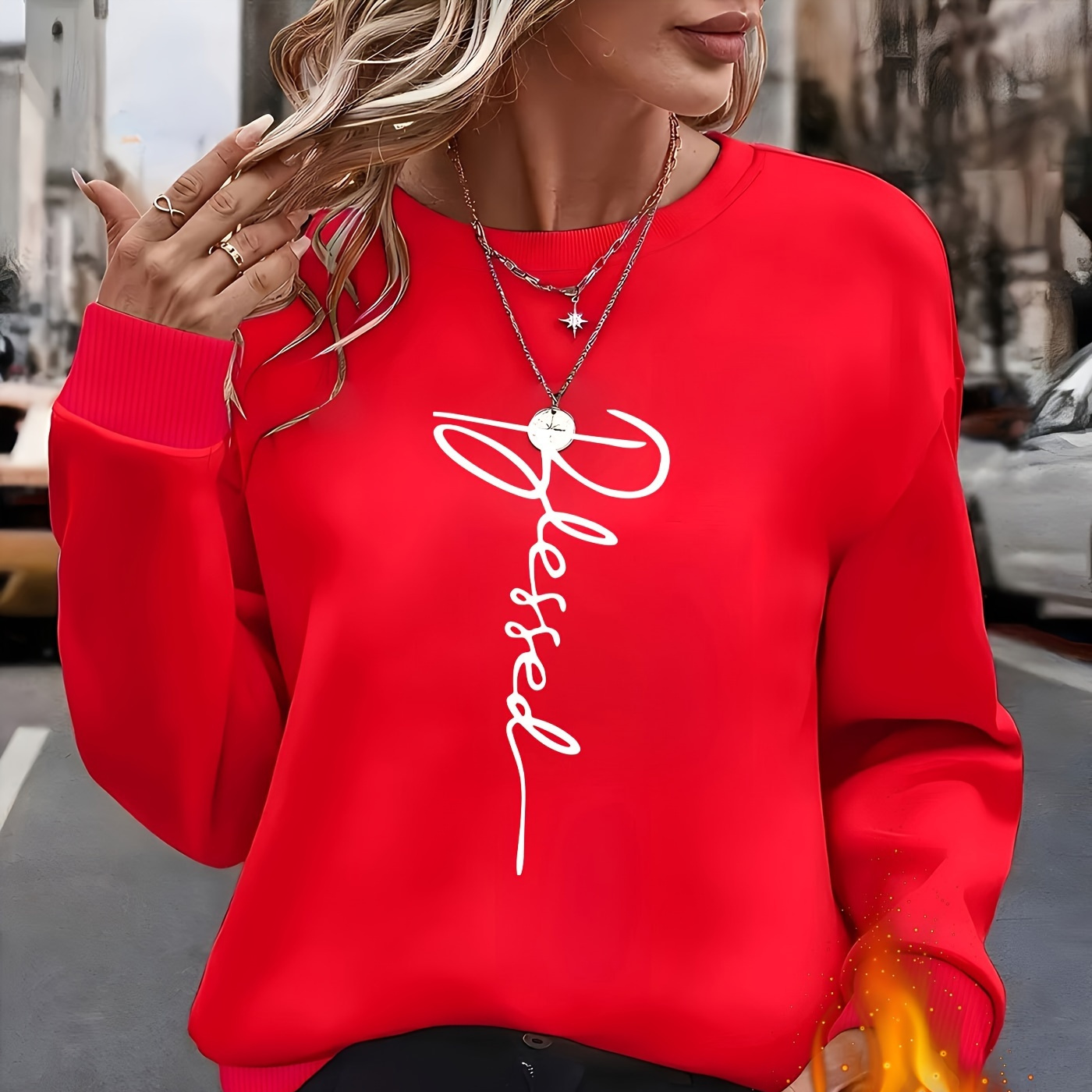 

Sweatshirt Élégant à Col Rond et Manches Longues Doublé en avec Imprimé Lettres Rouges pour Femme - Lavable en Machine