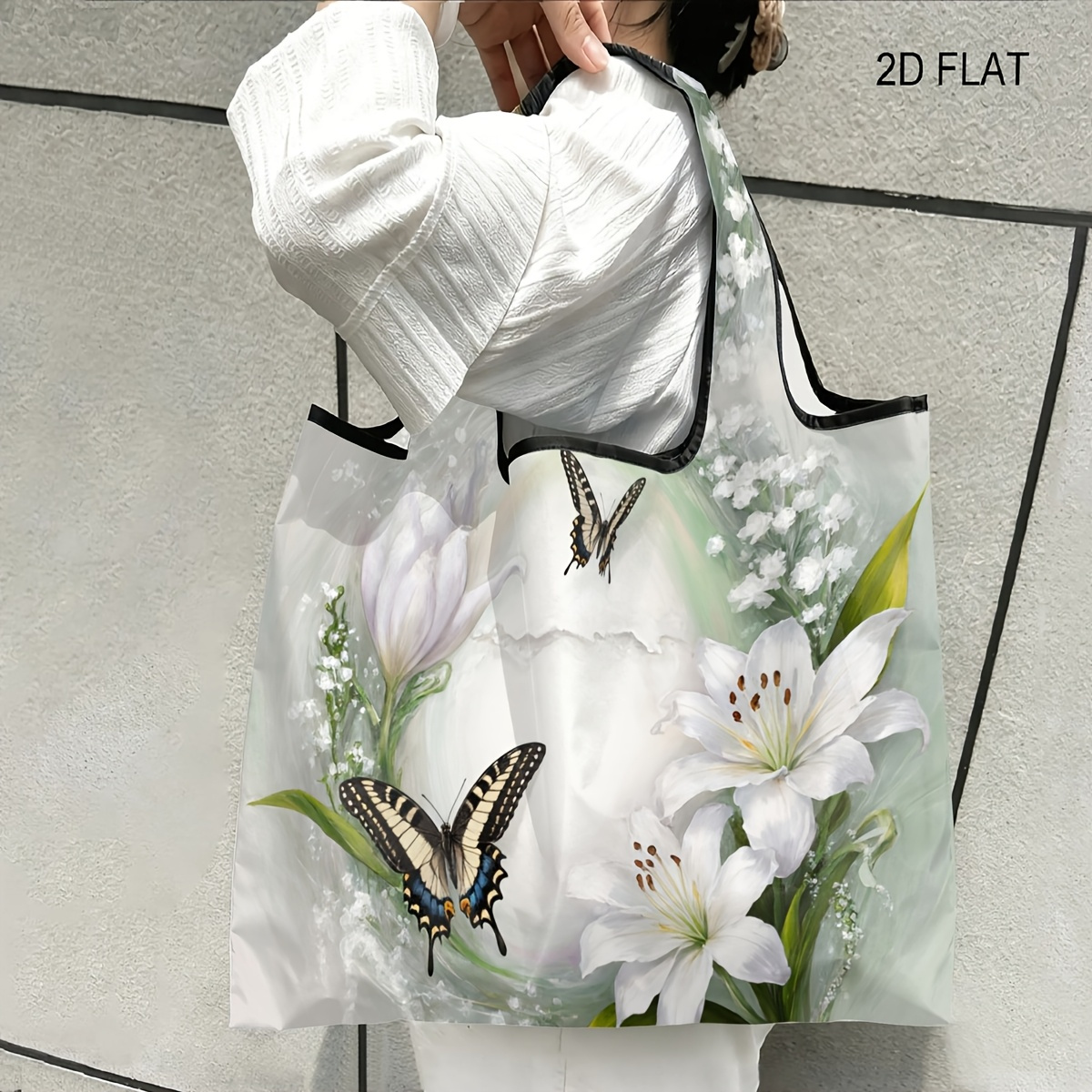 TEMU 1pc Elegant White Lilies And Butterflies Background Cute Theme, Compact Foldable Pocket Shopping Bag, Spacious Reusable Grocery Tote, Portable