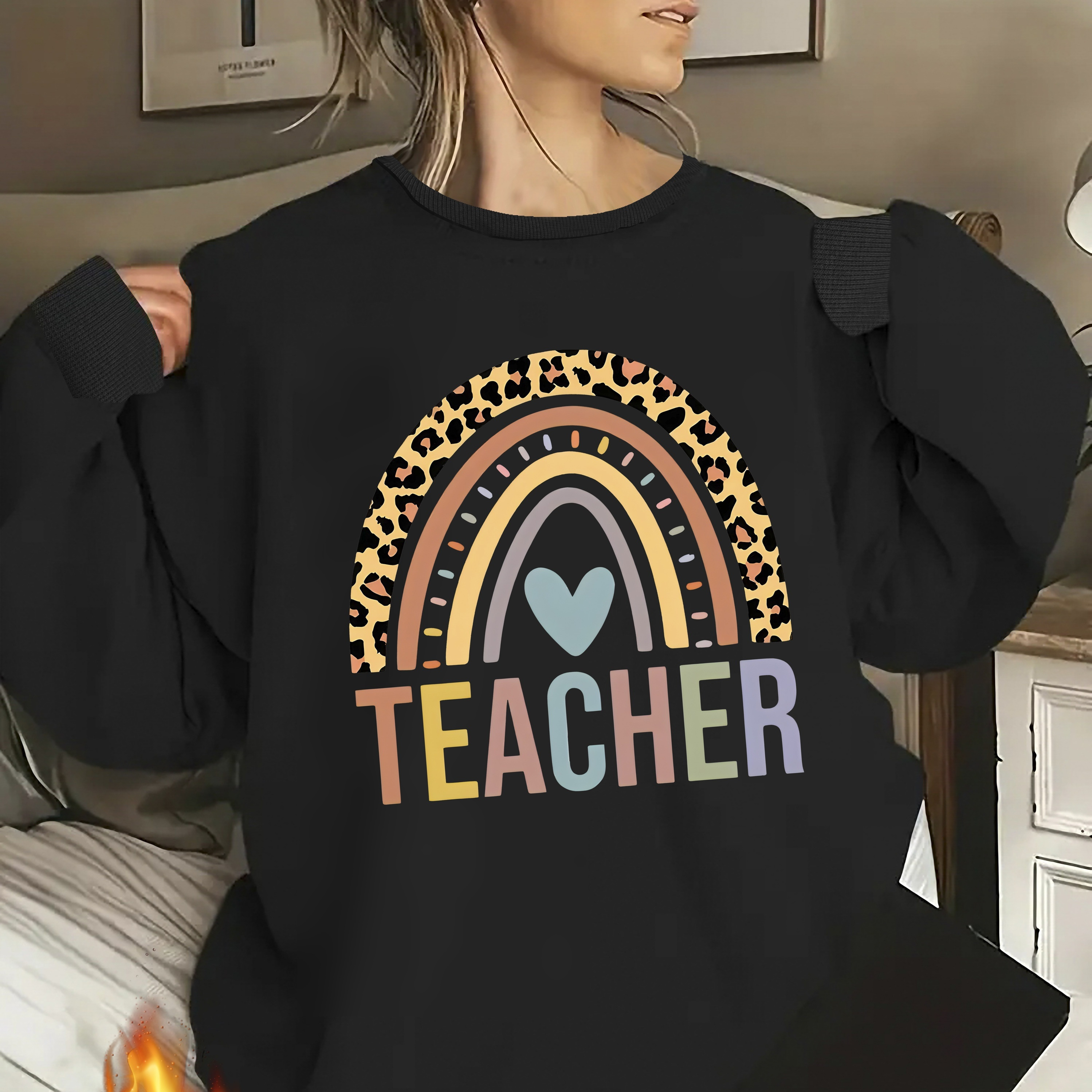 

Teacher Print Sweatshirt, Long Sleeve Crew Neck Casual Sweatshirt For Winter & Fall, Women's Clothing