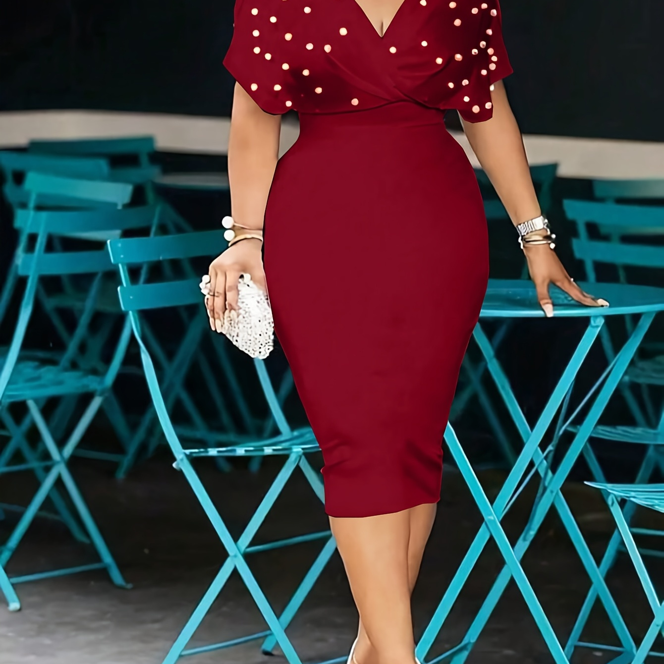 

Elegant Midi Dress For Women With Pearl-embellished Batwing Sleeves And Chic V-neck - Bodycon Pencil Skirt Style, Spring/summer Events