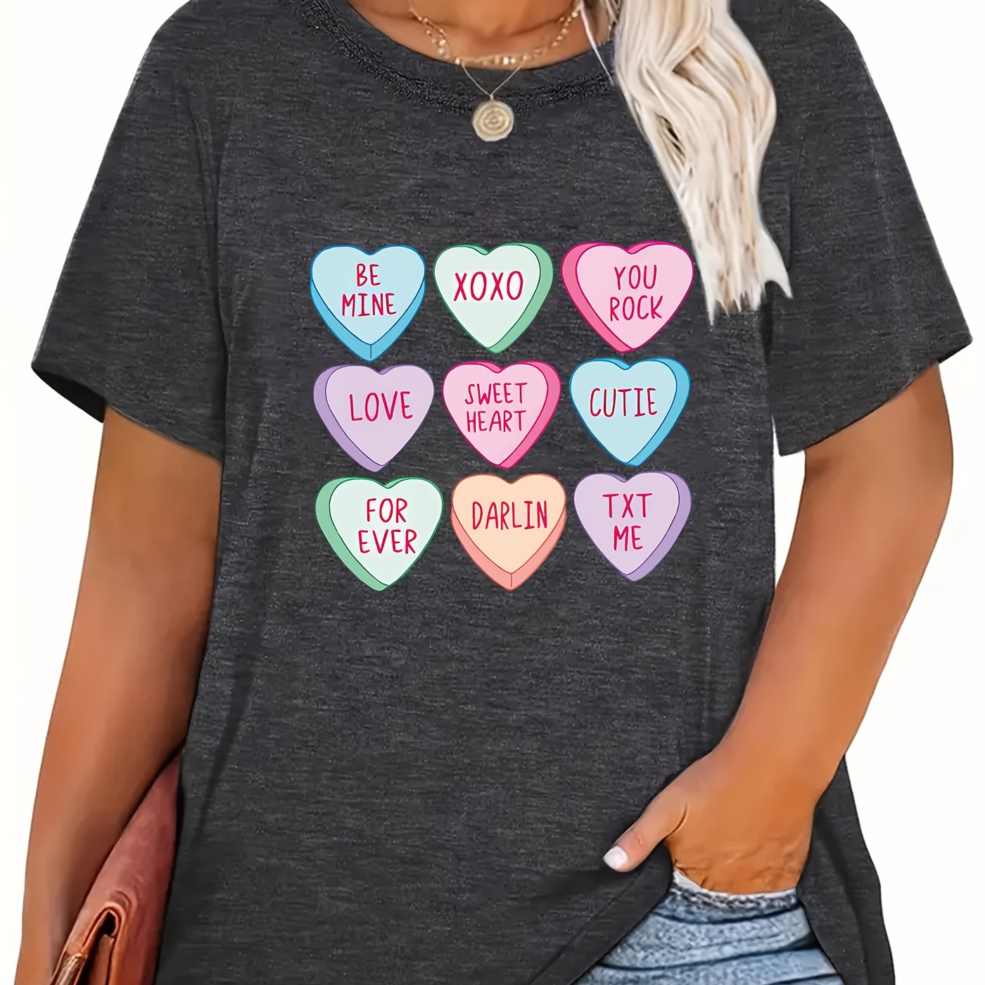 

1pc Women's Casual Crew Neck T-shirt With Valentine's Day Heart , 95% Polyester 5% Spandex Knit Fabric, All Season Short Sleeve Tee, Best For Christmas