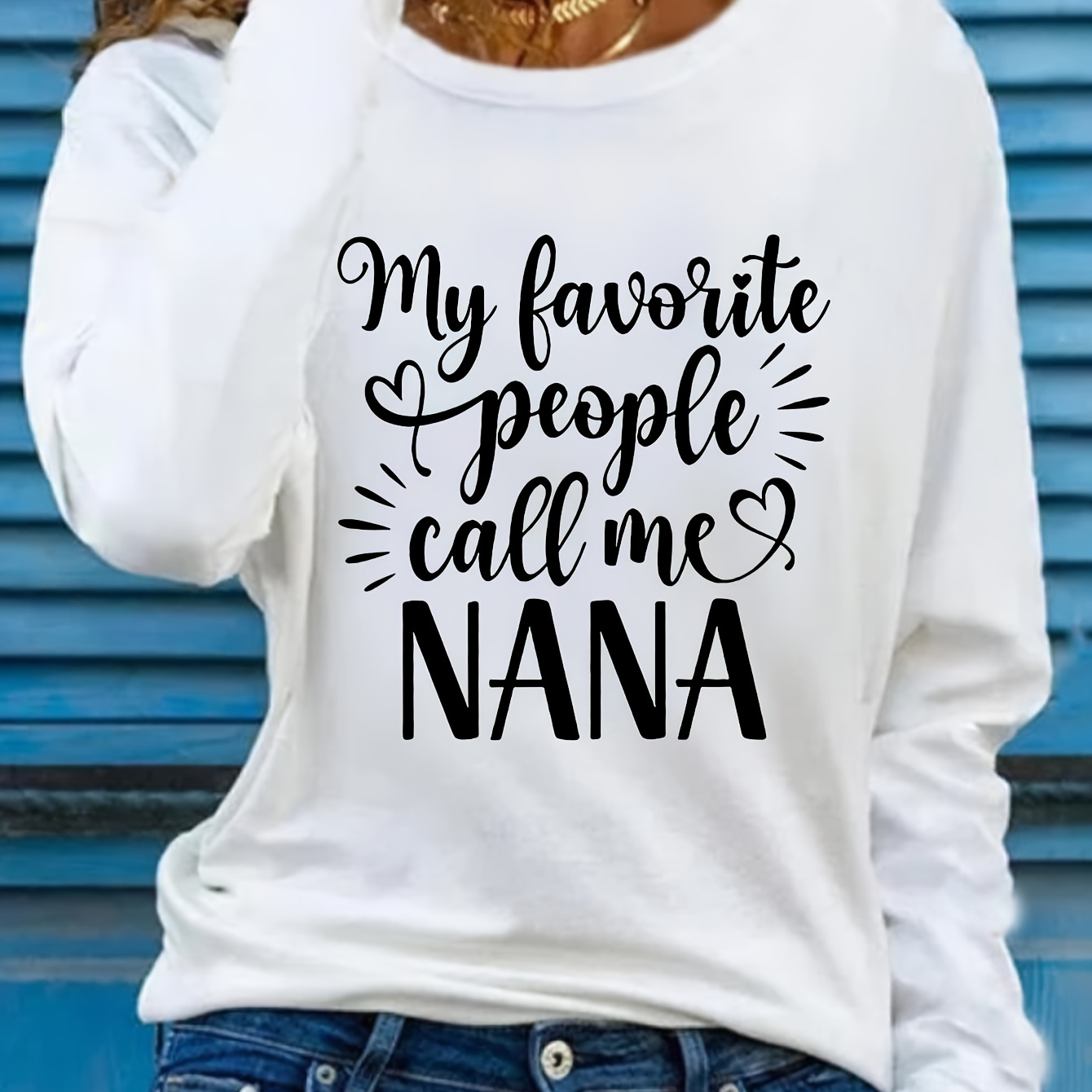 

Women's Long Sleeve T-shirt, " People Nana" Letter Print, Casual Round Neck, Polyester, Regular Fit, Pullover, Autumn Fashion Top