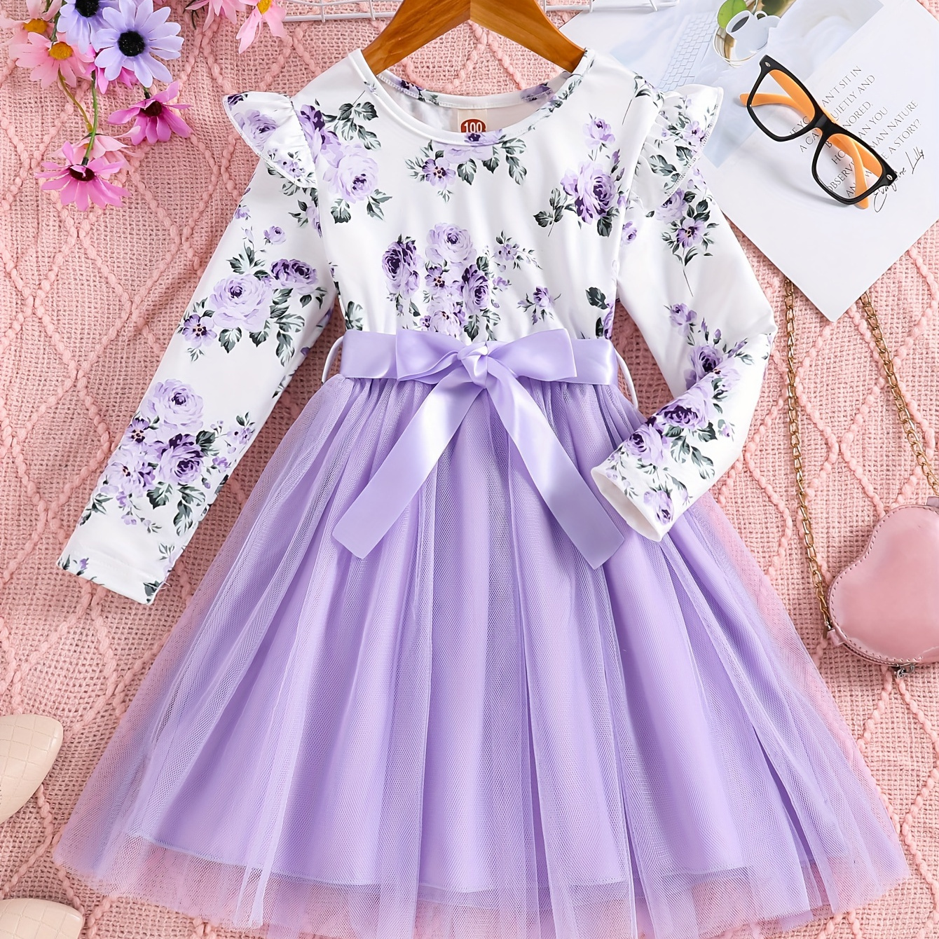 

Girls Splicing Flora Print Flutter Trim Tutu Dress Kids Clothes Spring Fall Gift