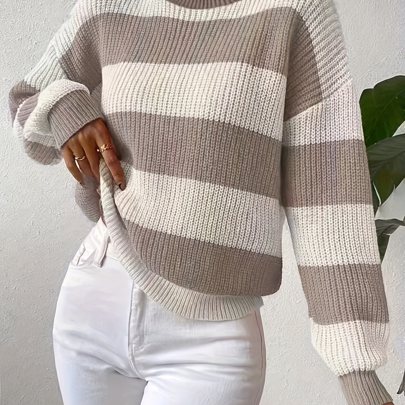 

Striped Long Sleeve Turtleneck Knit Sweater For Women, Casual Polyester Pullover, Fall/winter Collection