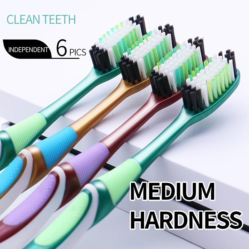 6pcs Medium Hard Hair Medium Hair Toothbrush 6 Independent Packs (2 Red 2 Green 2 Yellow) Big Head Adult Family Pack For Home Use